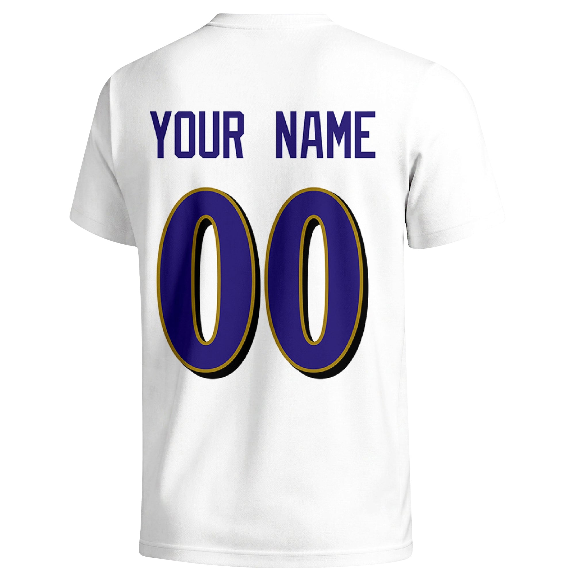 Baltimore personalized football T shirt in White showing the back custom name and number