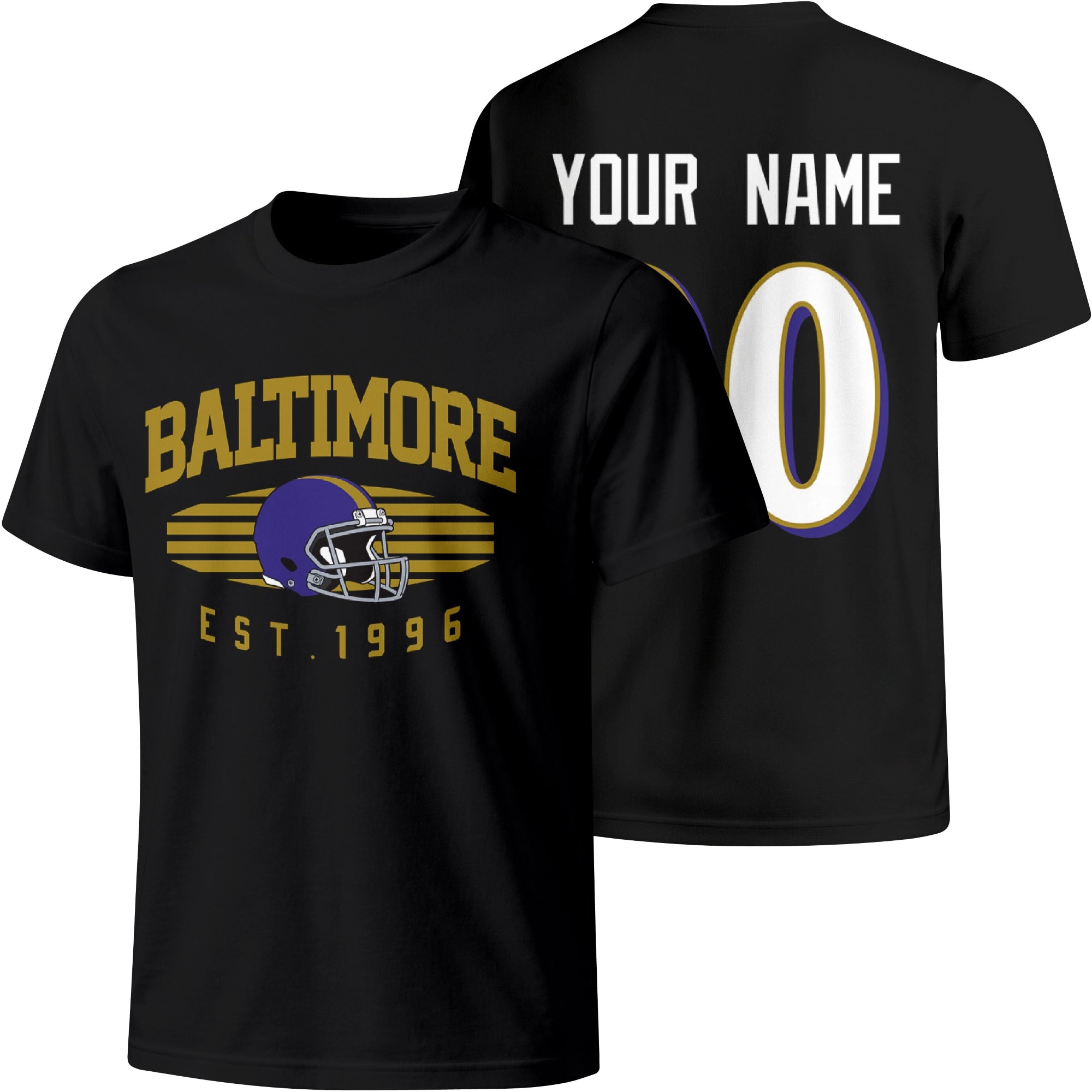 Baltimore personalized football T shirt in Black showing front city design and back custom name and number