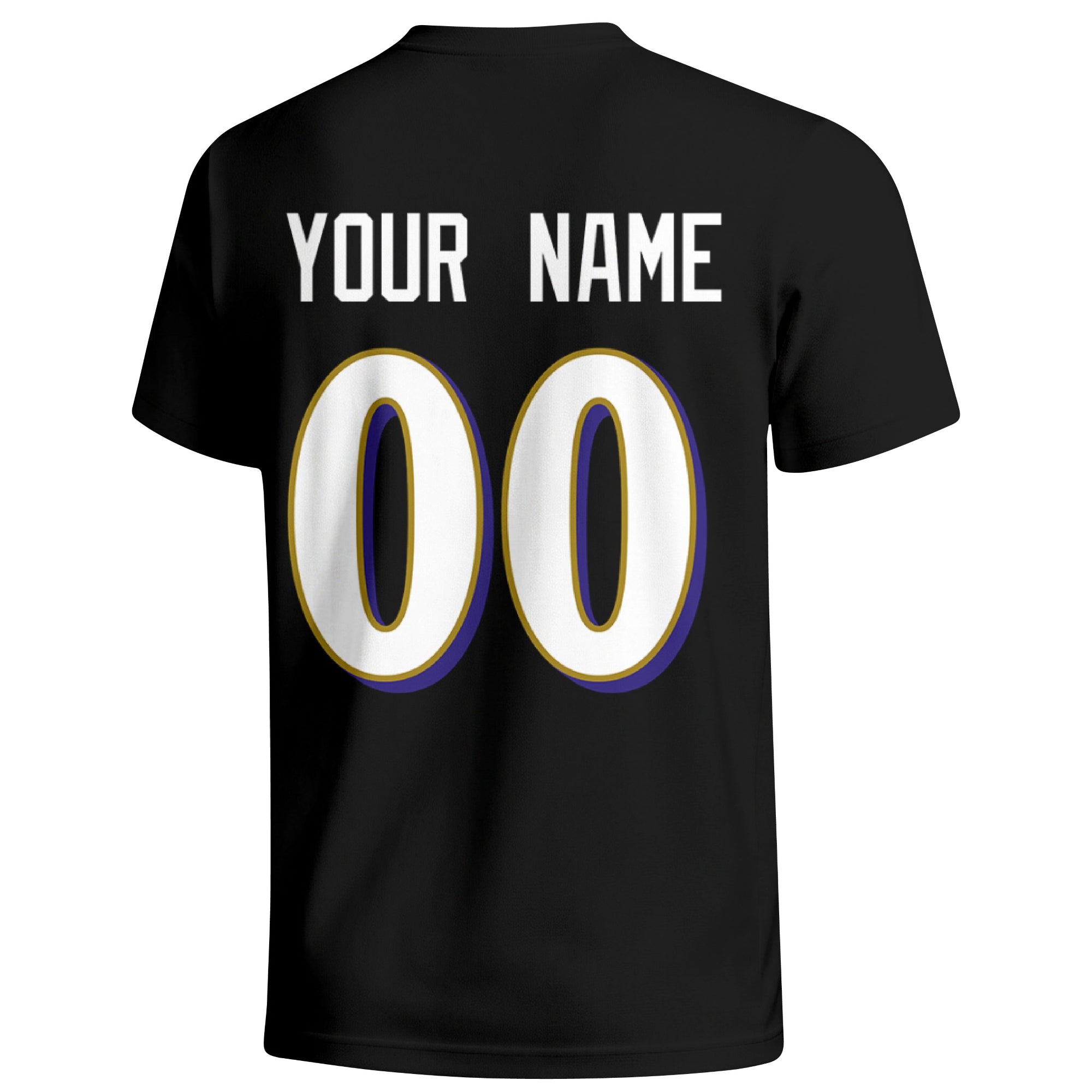 Baltimore personalized football T shirt in Black showing the back custom name and number