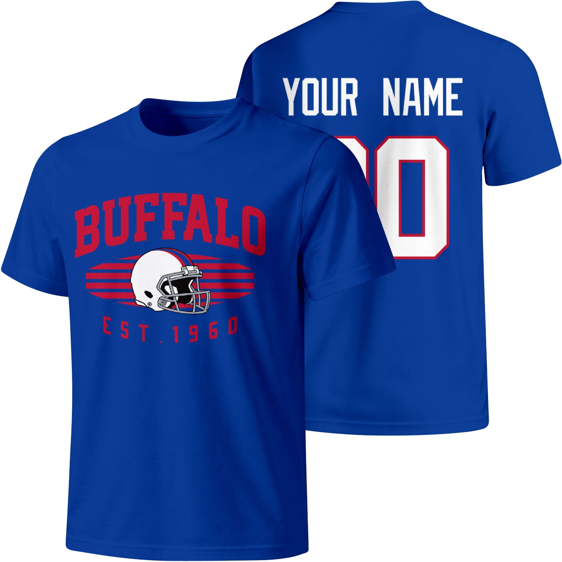 Buffalo personalized football T shirt in Royal showing front city design and back custom name and number
