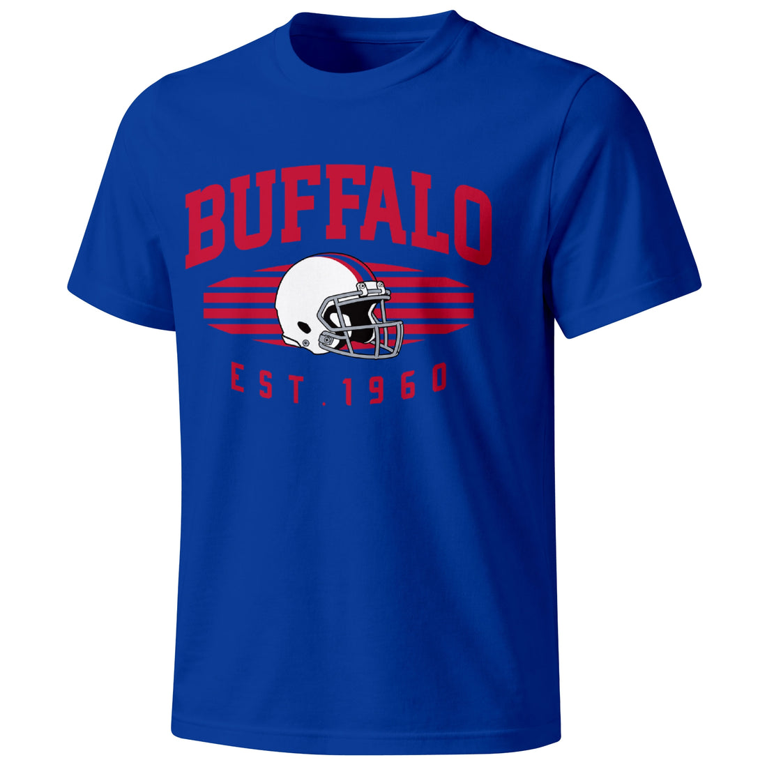 Buffalo personalized football T shirt in Royal showing front city design and back custom name and number