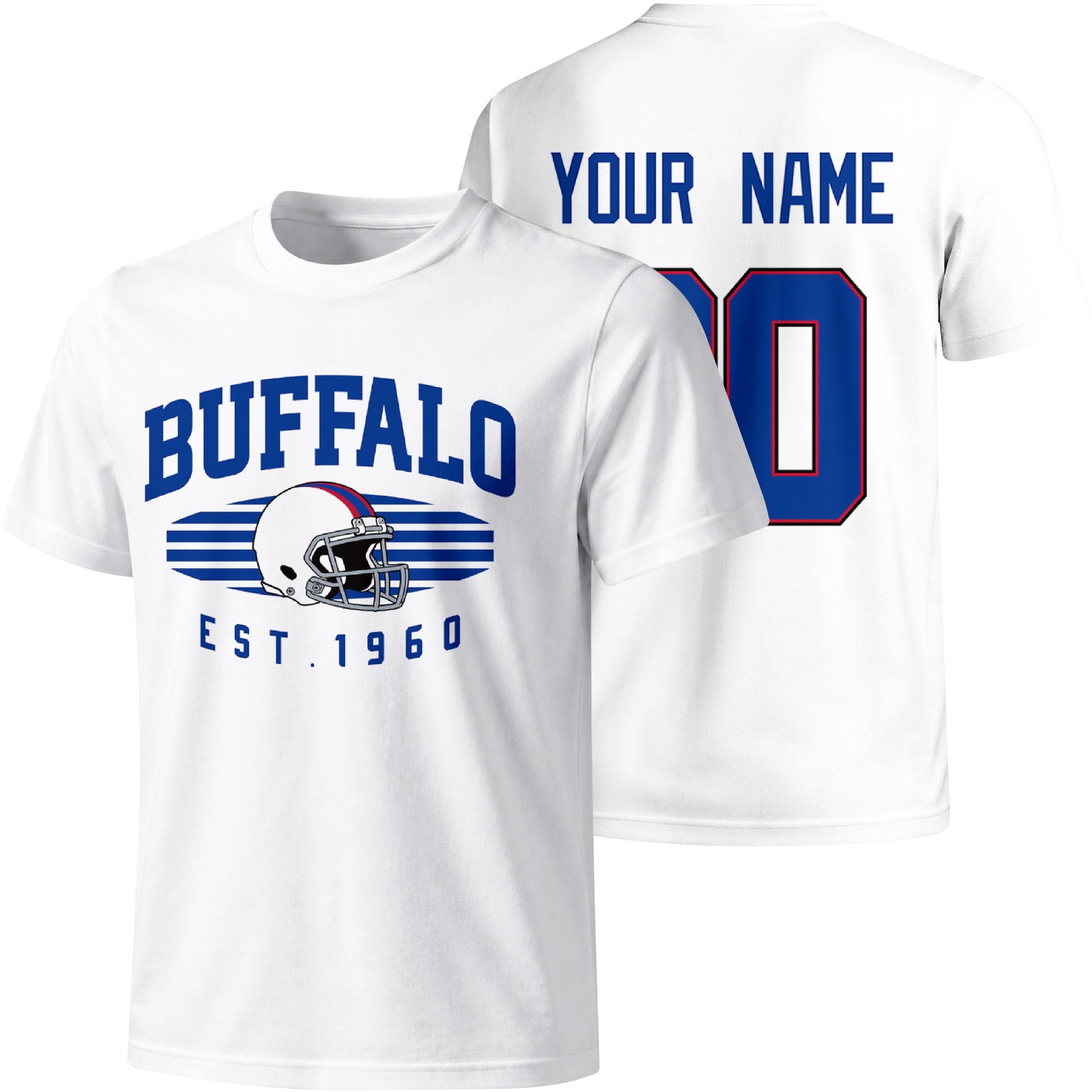 Buffalo personalized football T shirt in White showing front city design and back custom name and number