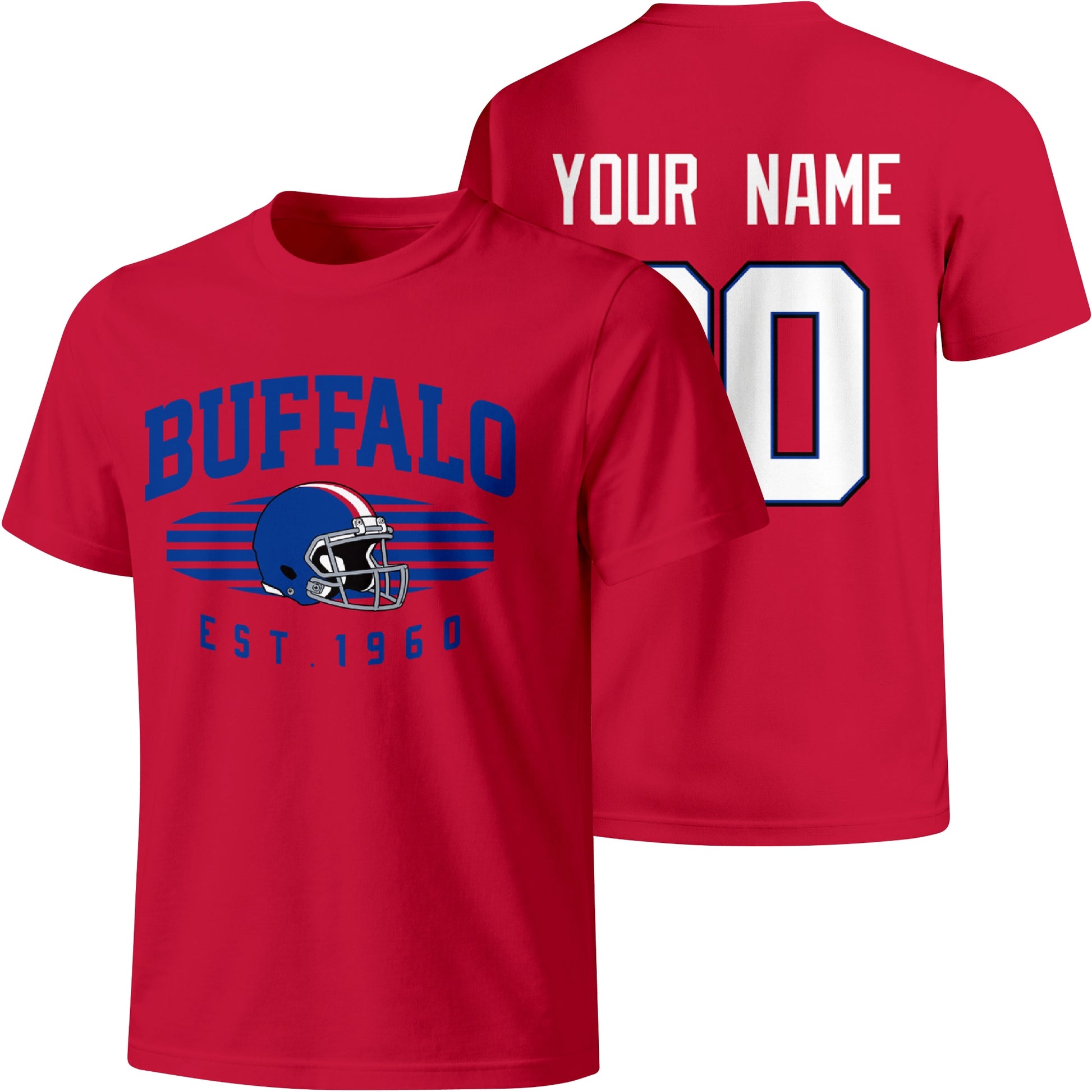 Buffalo personalized football T shirt in Red showing front city design and back custom name and number