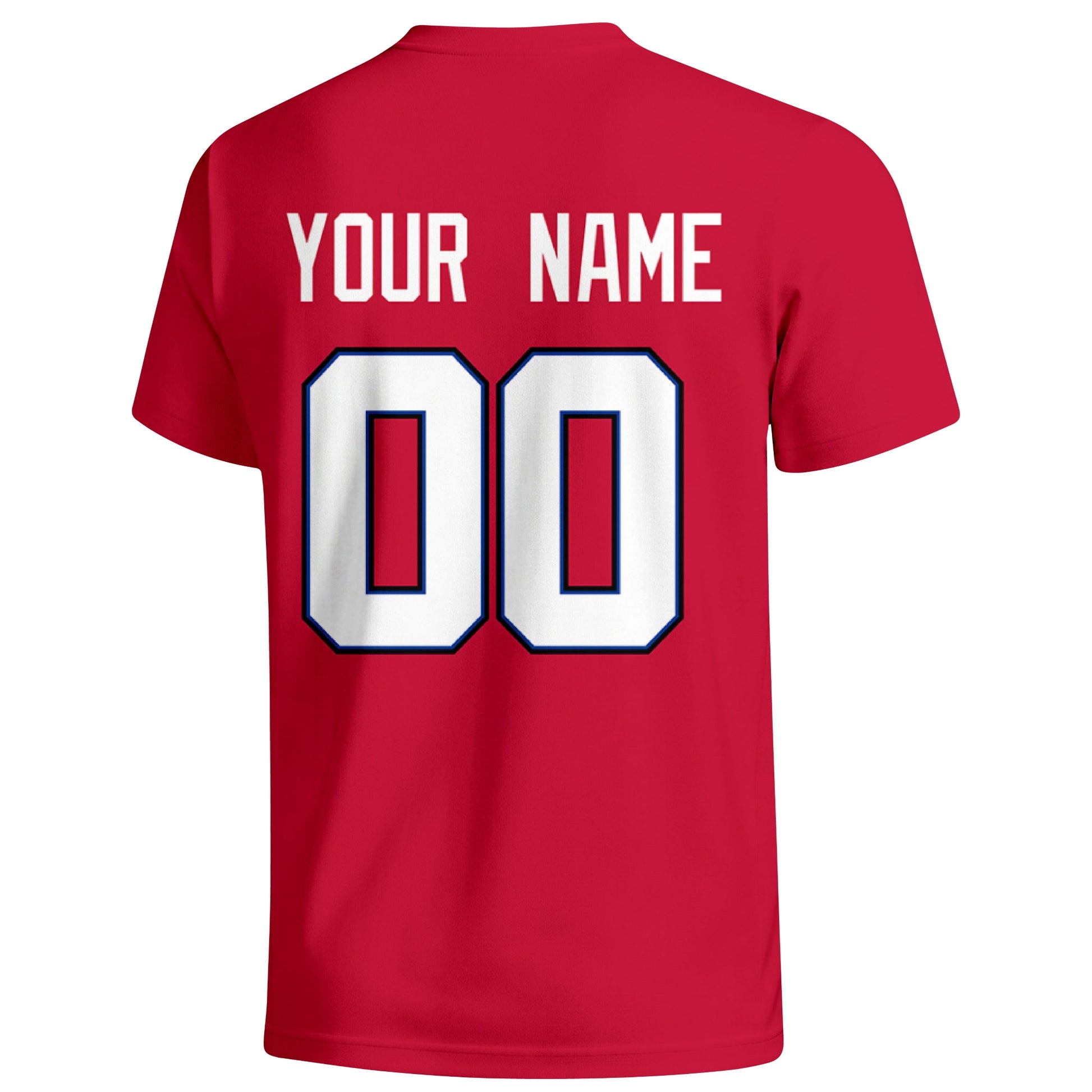 Buffalo personalized football T shirt in Red showing the back custom name and number