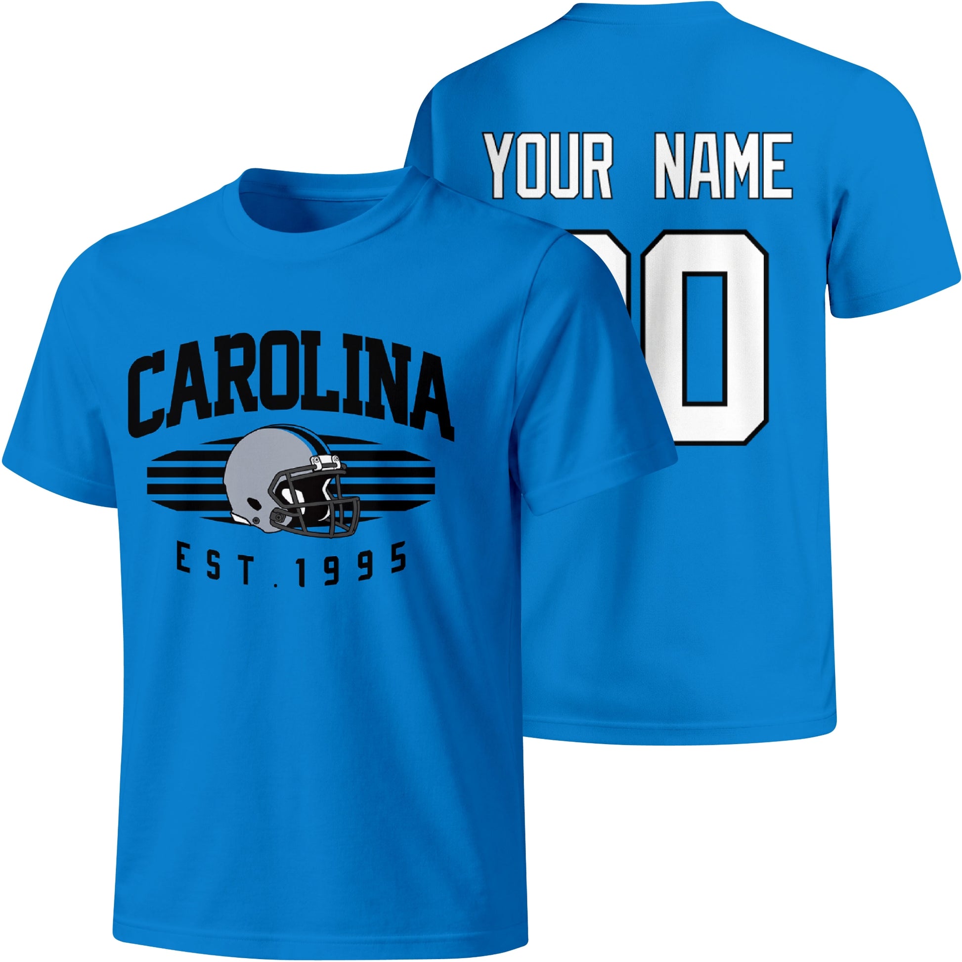 Carolina personalized football T shirt in Blue showing front city design and back custom name and number