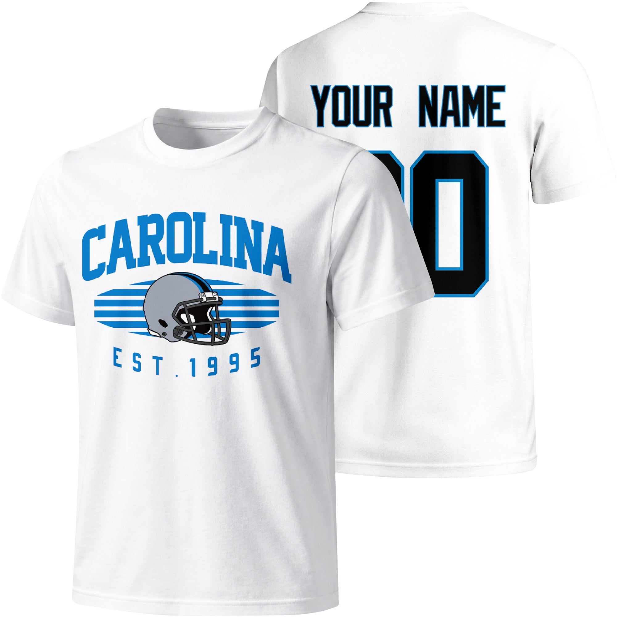 Carolina personalized football T shirt in White showing front city design and back custom name and number