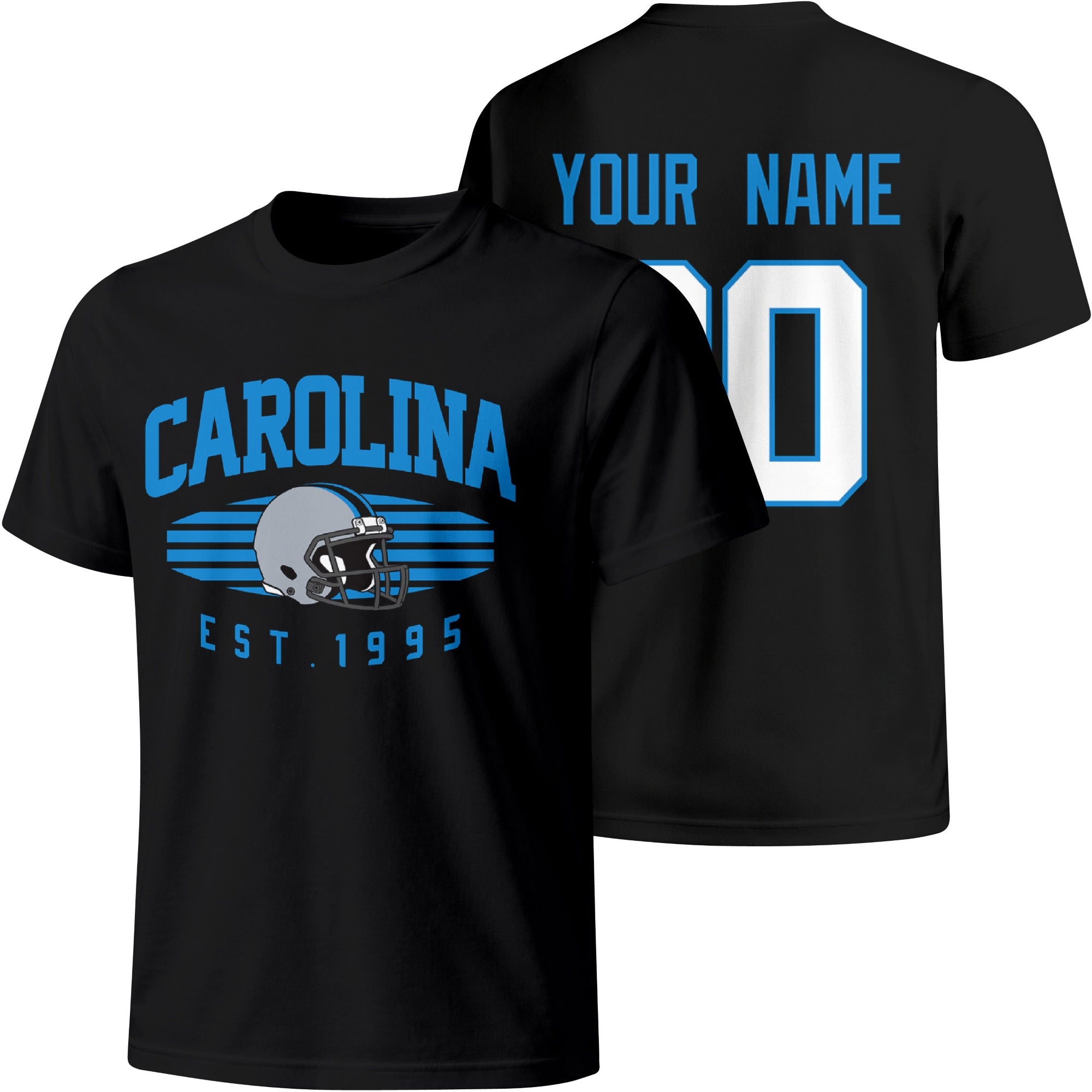 Carolina personalized football T shirt in Black showing front city design and back custom name and number