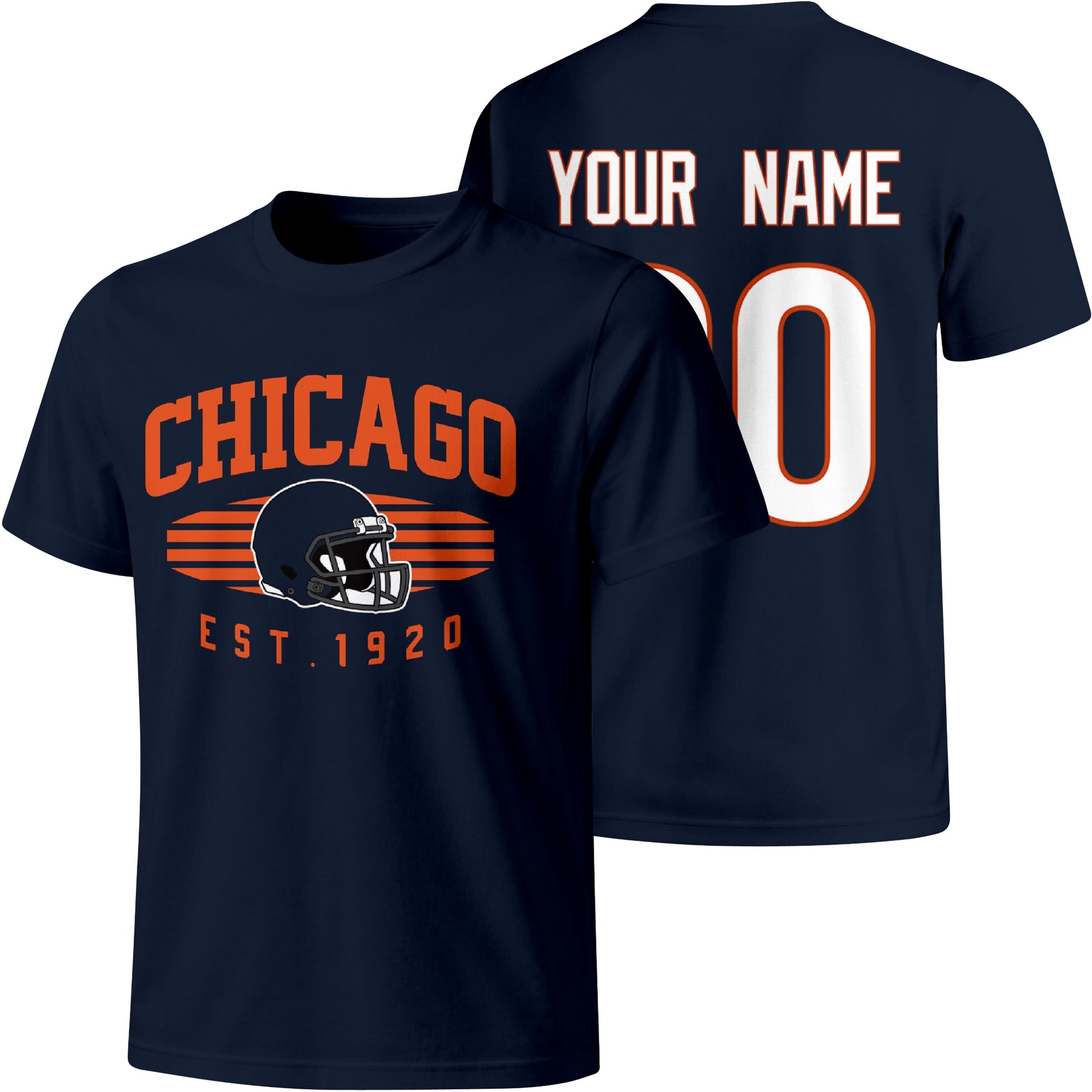 Chicago personalized football T shirt in Navy showing front city design and back custom name and number