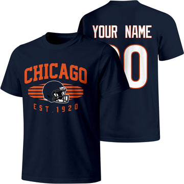 Chicago personalized football T shirt in Navy showing front city design and back custom name and number