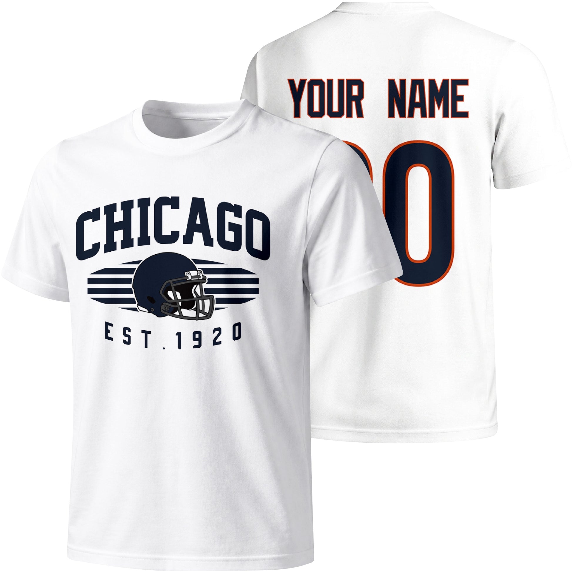 Chicago personalized football T shirt in White showing front city design and back custom name and number