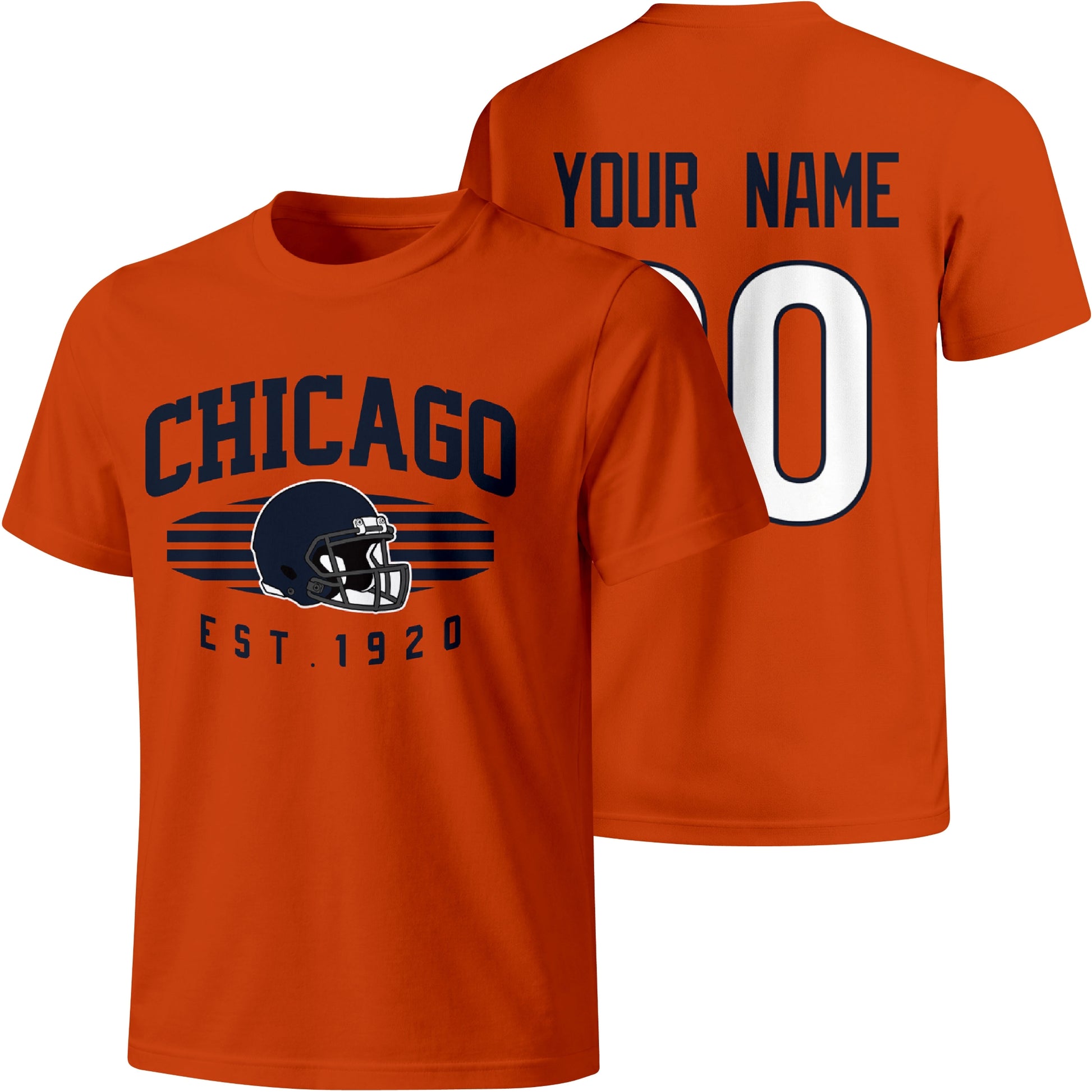 Chicago personalized football T shirt in Orange showing front city design and back custom name and number