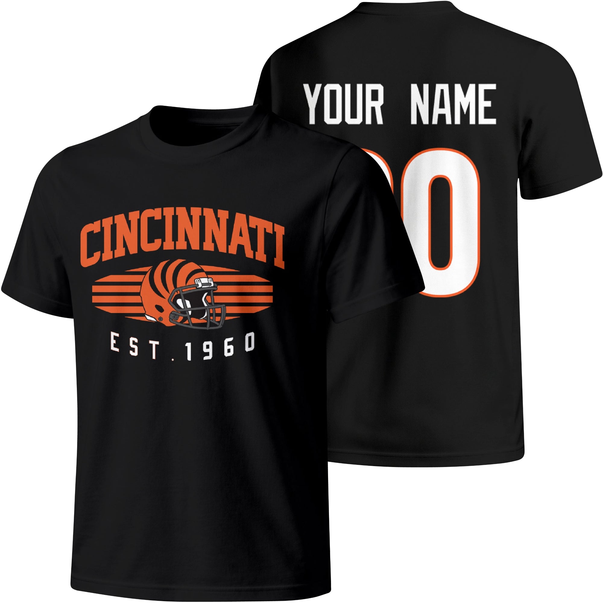 Cincinnati personalized football T shirt in Black showing front city design and back custom name and number