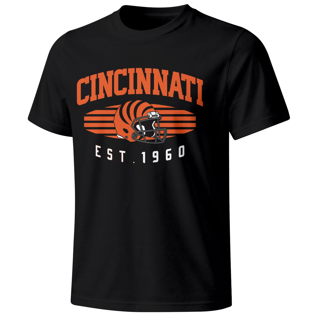 Cincinnati personalized football T shirt in Black showing front city design and back custom name and number