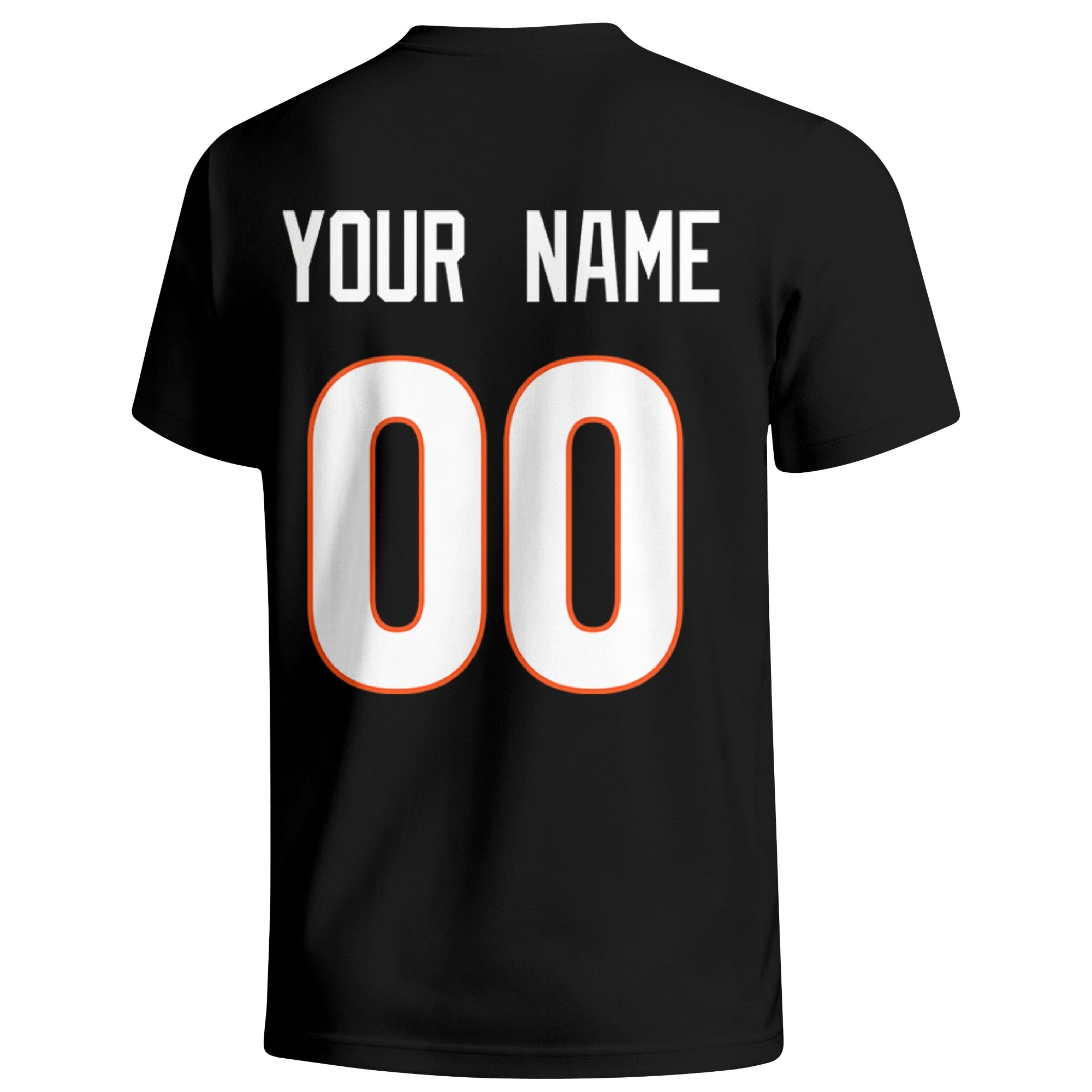 Cincinnati personalized football T shirt in Black showing the back custom name and number