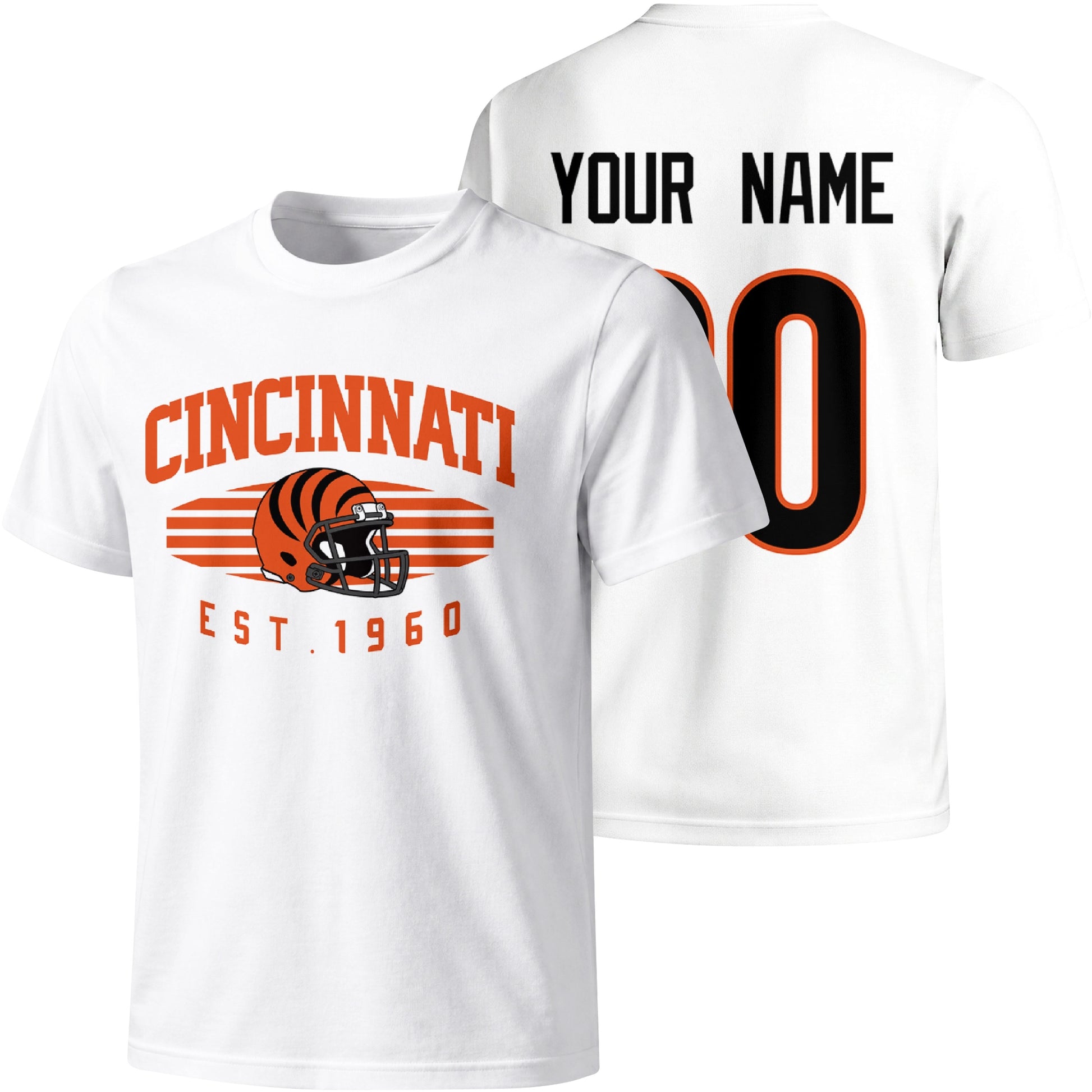 Cincinnati personalized football T shirt in White showing front city design and back custom name and number