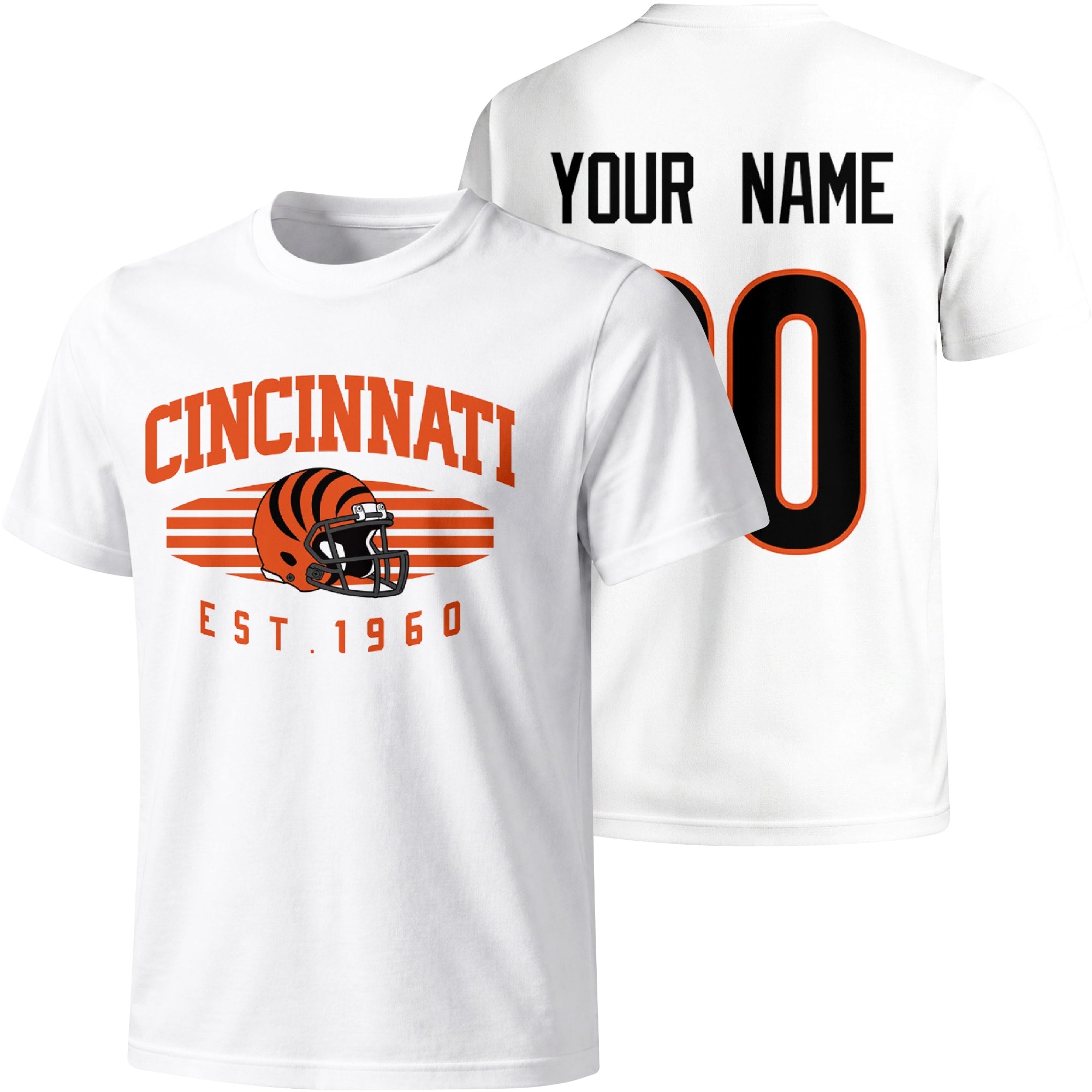 Cincinnati personalized football T shirt in White showing front city design and back custom name and number