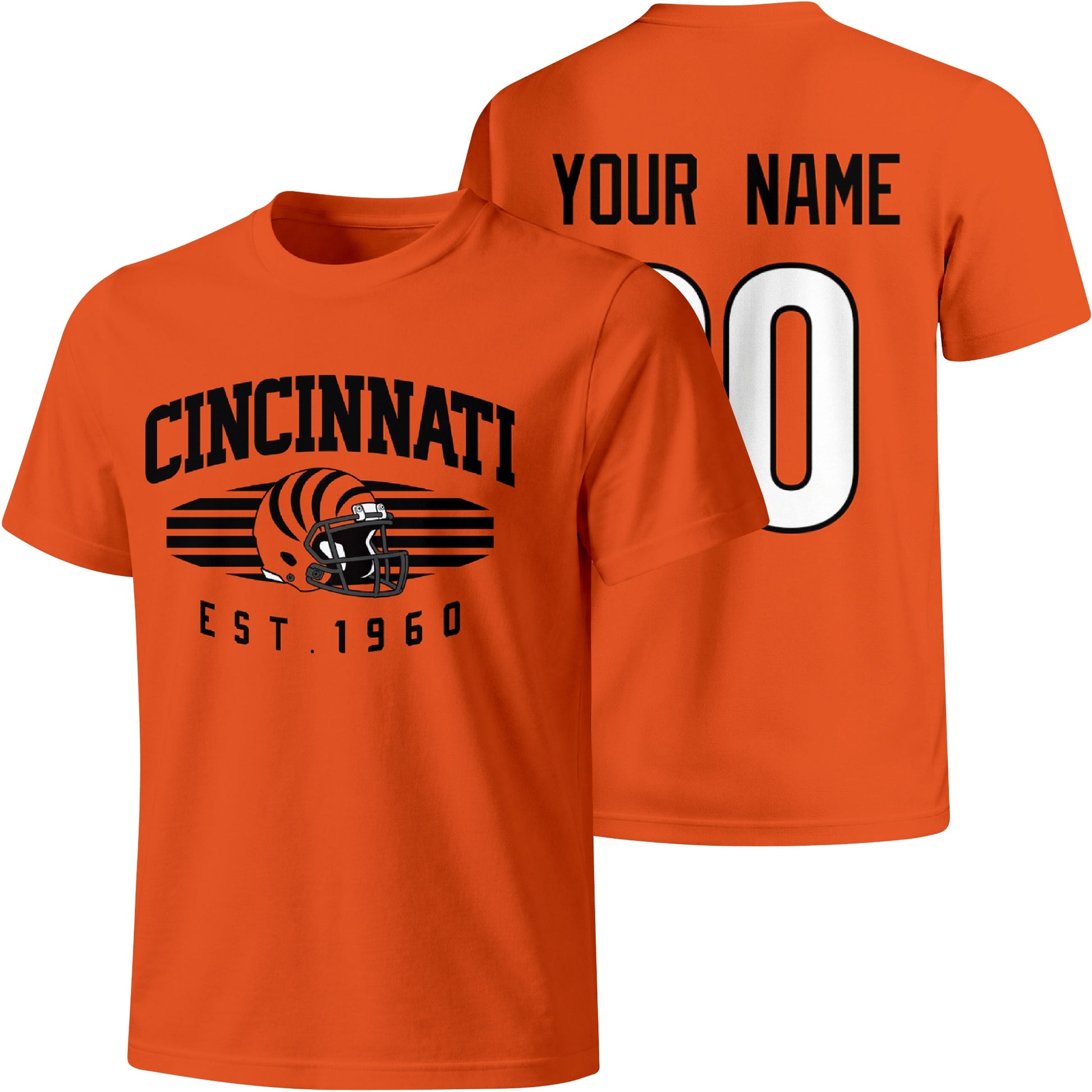 Cincinnati personalized football T shirt in Orange showing front city design and back custom name and number