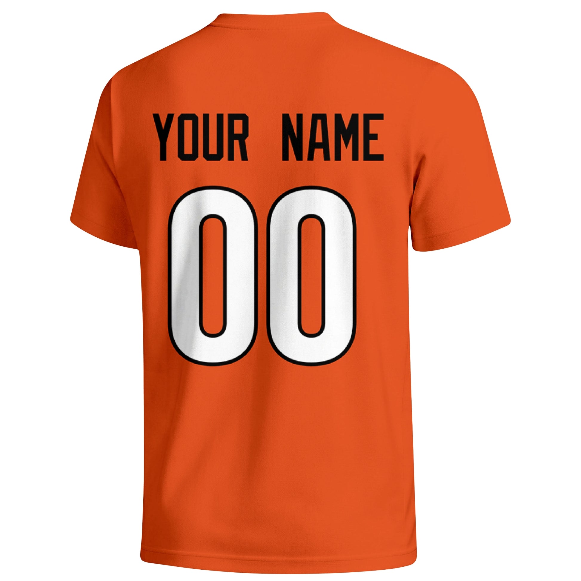 Cincinnati personalized football T shirt in Orange showing the back custom name and number