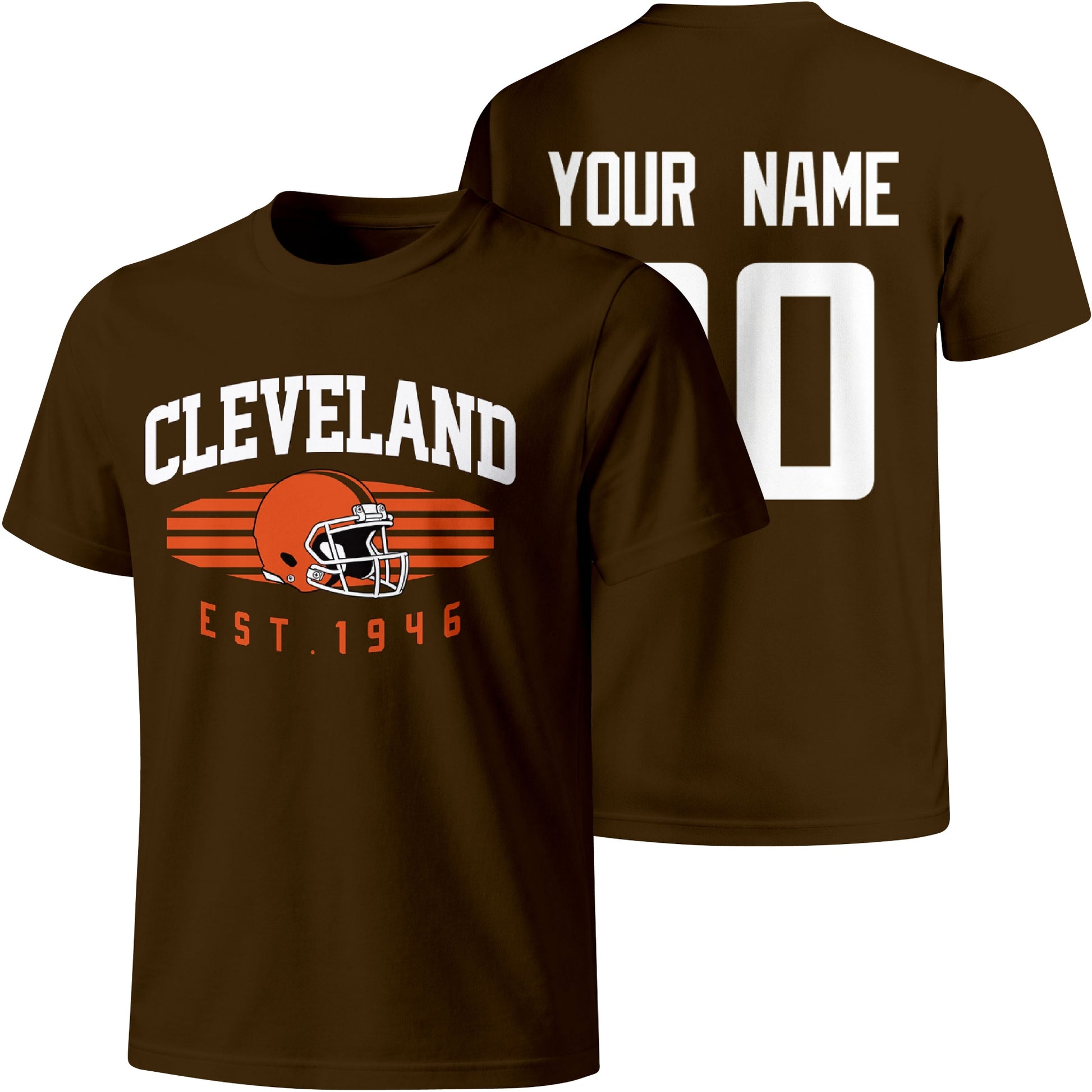 Cleveland personalized football T shirt in Brown showing front city design and back custom name and number