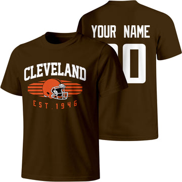 Cleveland personalized football T shirt in Brown showing front city design and back custom name and number