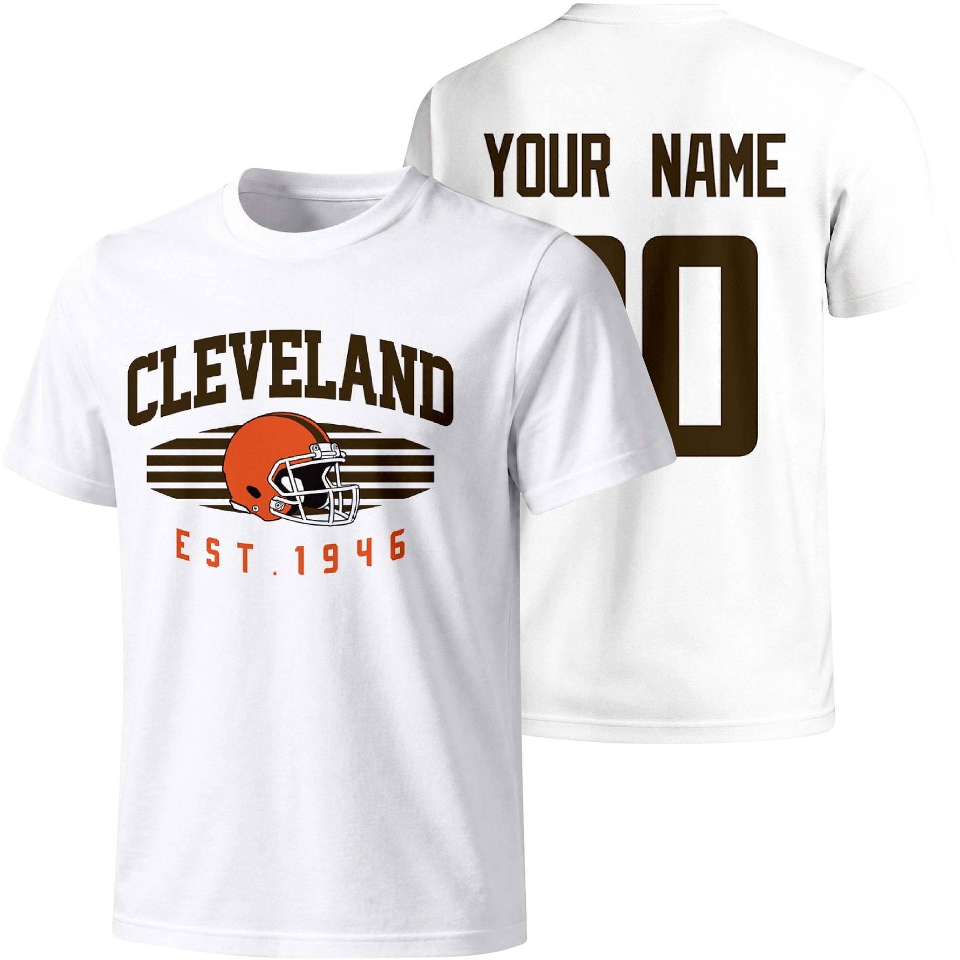 Cleveland personalized football T shirt in White showing front city design and back custom name and number
