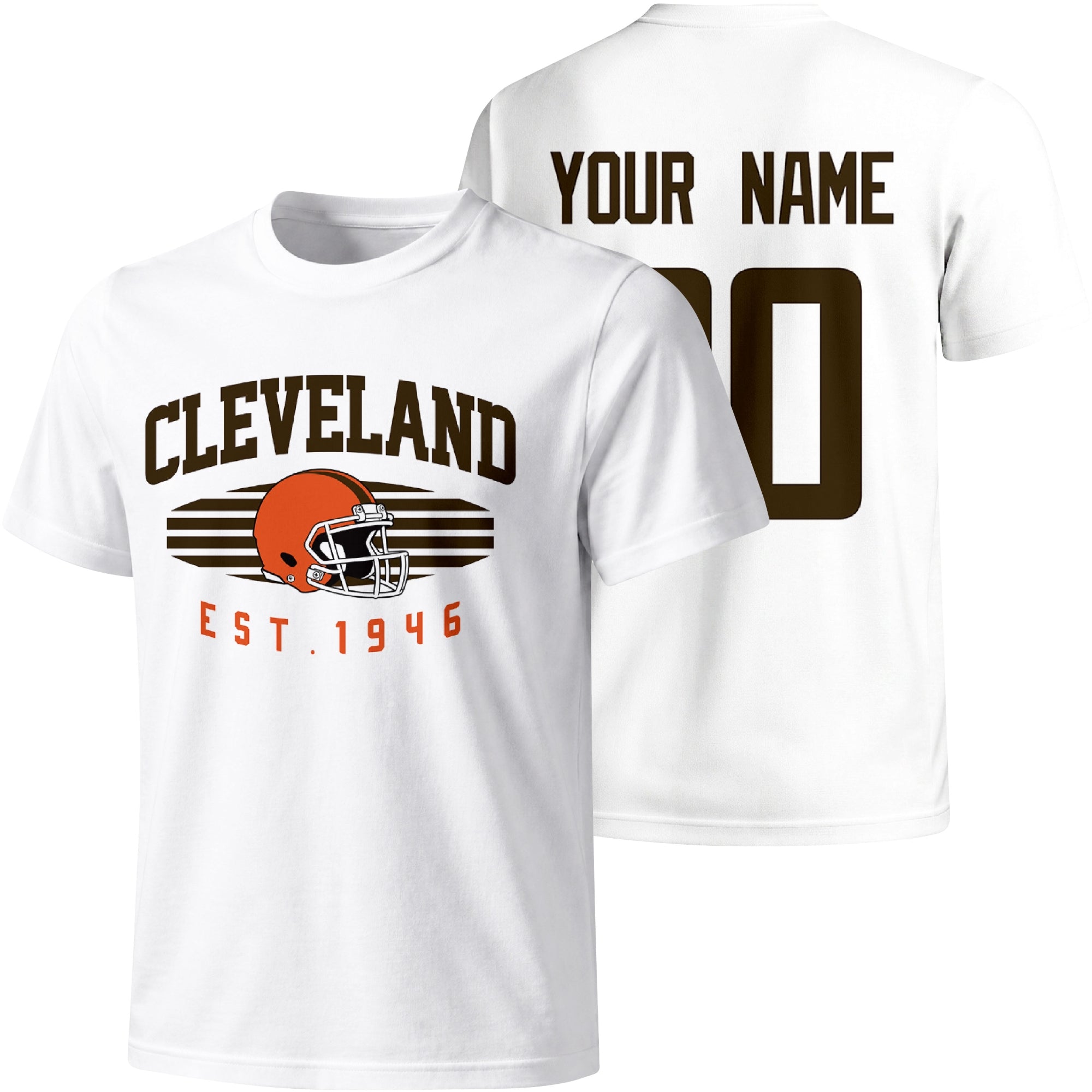 Cleveland personalized football T shirt in White showing front city design and back custom name and number