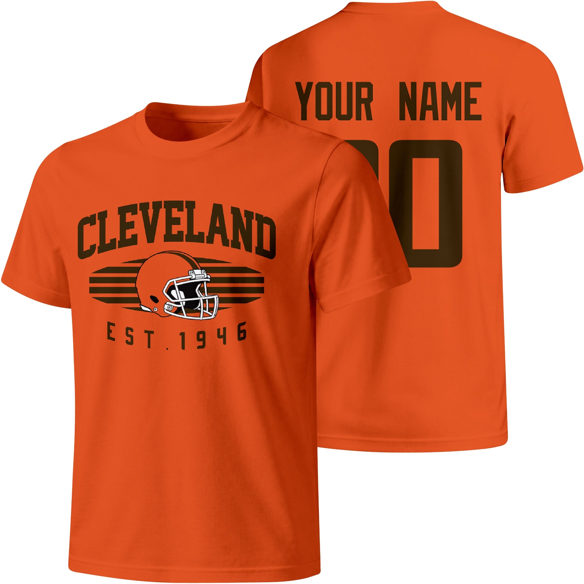 Cleveland personalized football T shirt in Orange showing front city design and back custom name and number