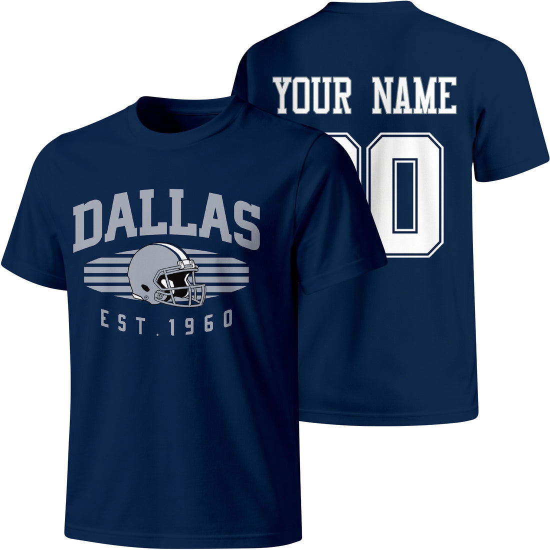 Dallas personalized football T shirt in Navy showing front city design and back custom name and number