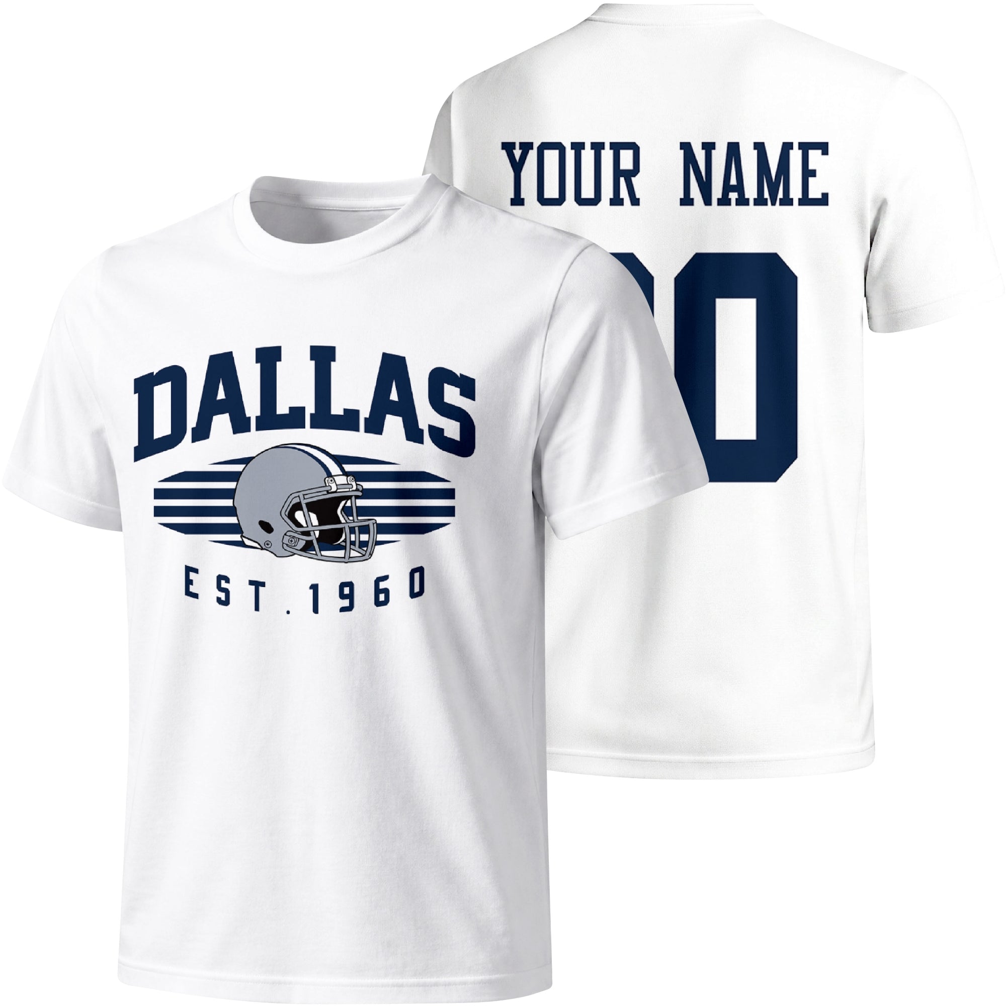 Dallas personalized football T shirt in White showing front city design and back custom name and number