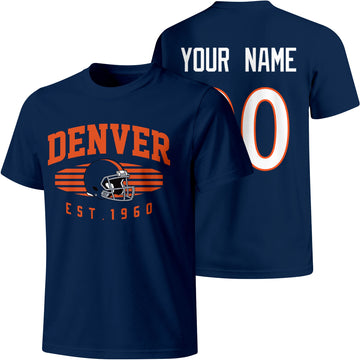Denver personalized football T shirt in Navy showing front city design and back custom name and number