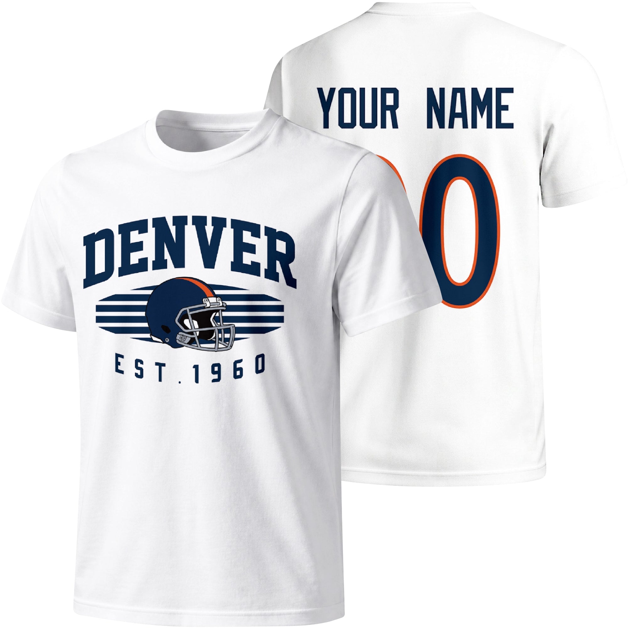 Denver personalized football T shirt in White showing front city design and back custom name and number