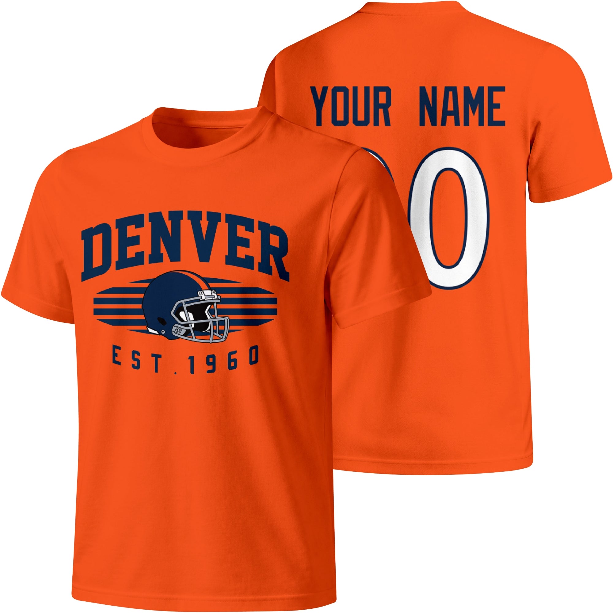 Denver personalized football T shirt in Orange showing front city design and back custom name and number