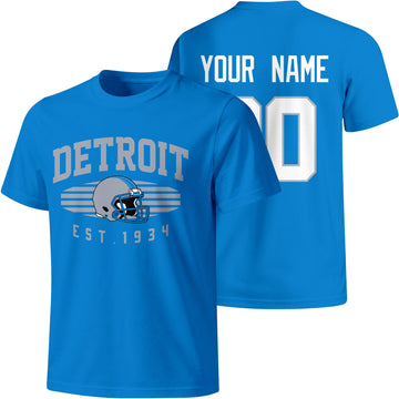 Detroit personalized football T shirt in Blue showing front city design and back custom name and number