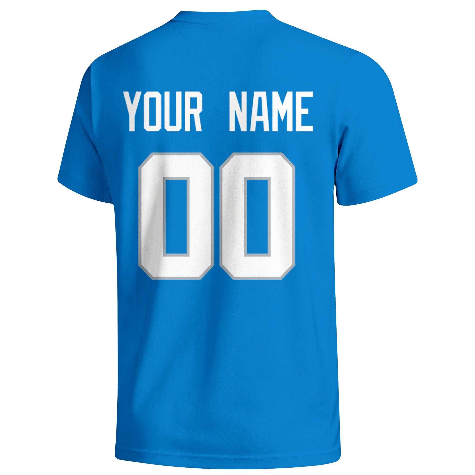 Detroit personalized football T shirt in Blue showing the back custom name and number
