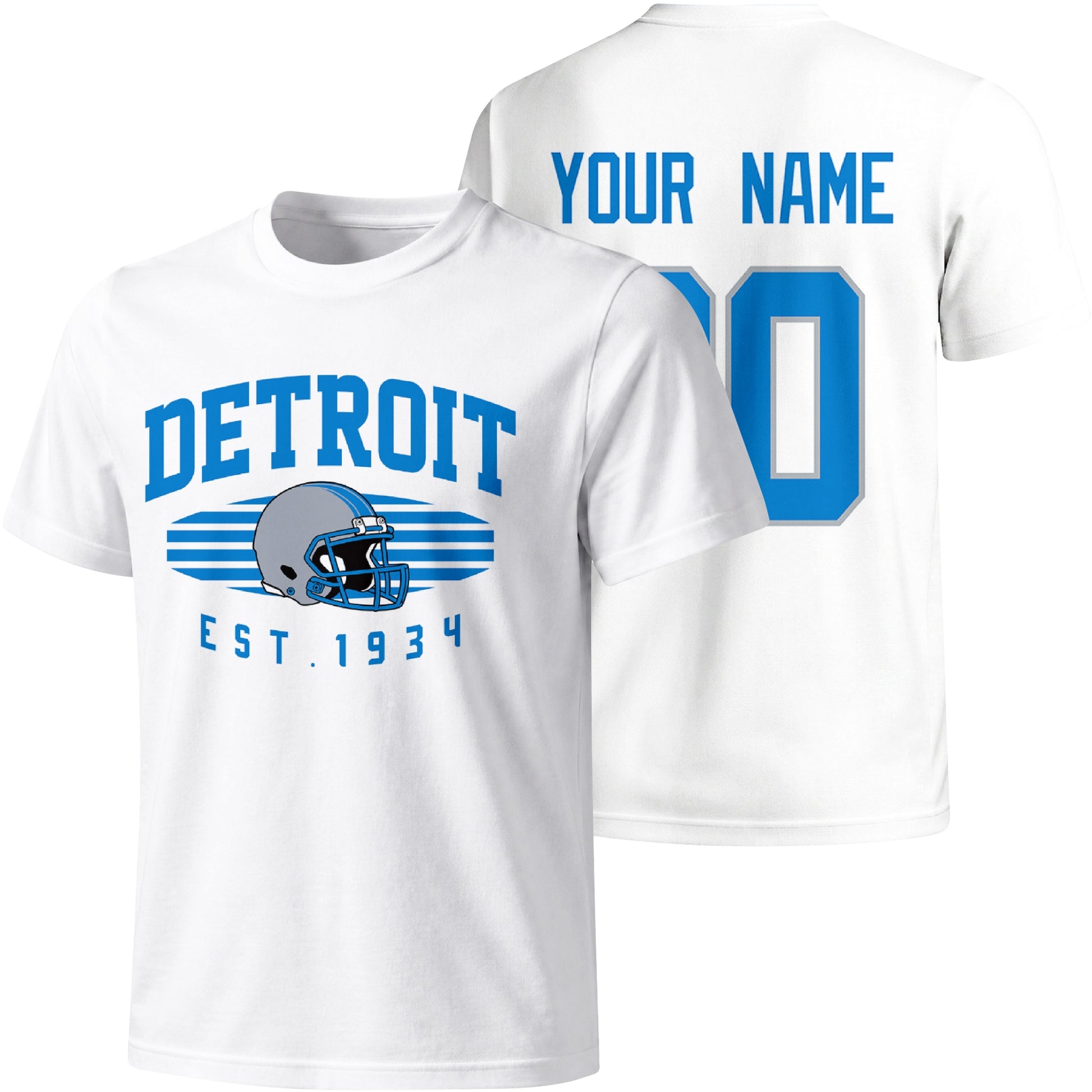 Detroit personalized football T shirt in White showing front city design and back custom name and number