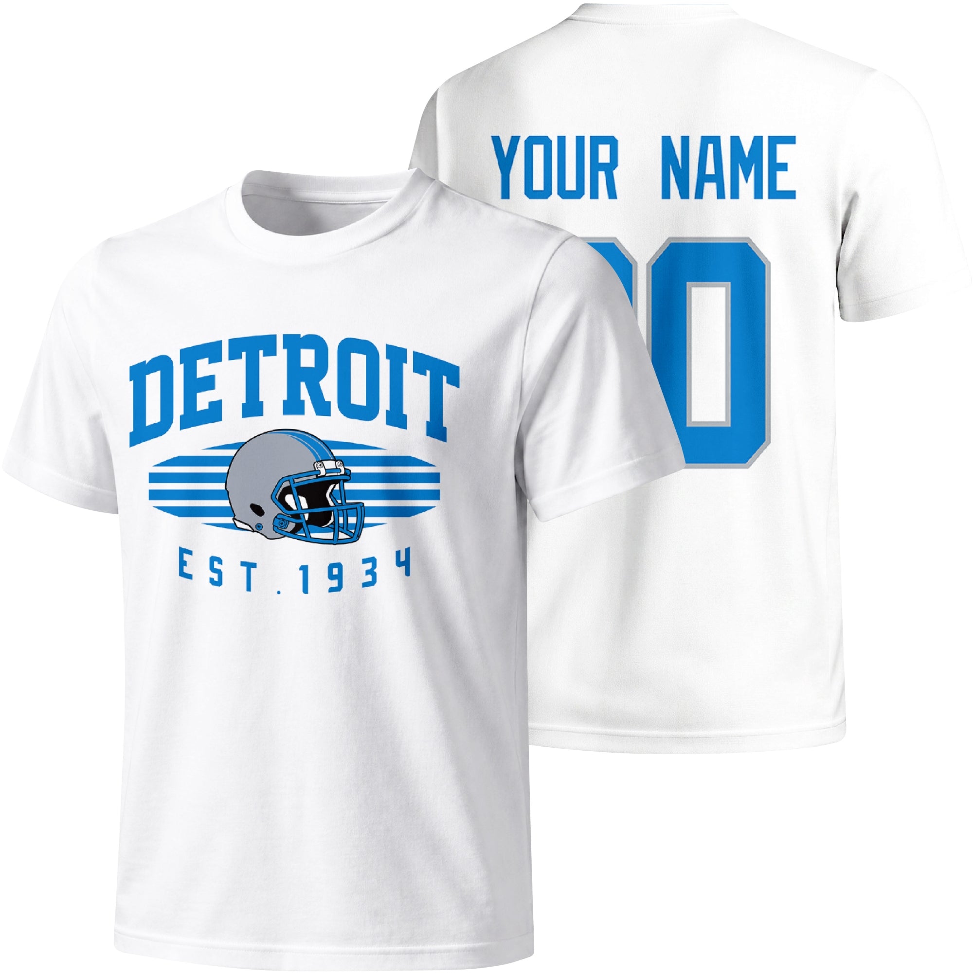 Detroit personalized football T shirt in White showing front city design and back custom name and number
