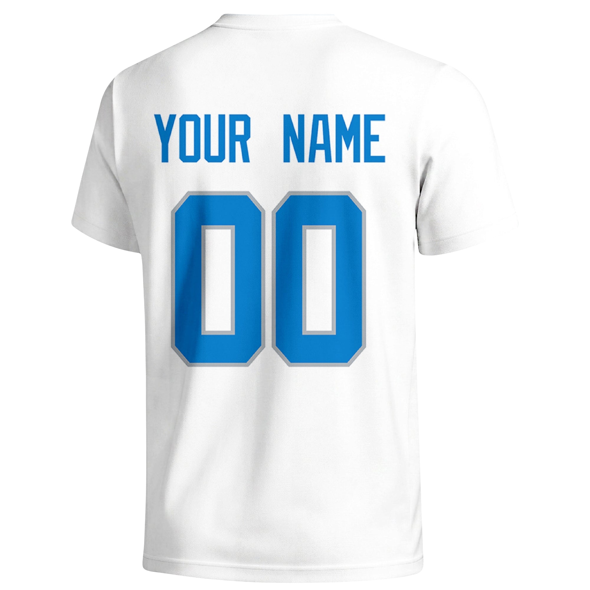 Detroit personalized football T shirt in White showing the back custom name and number