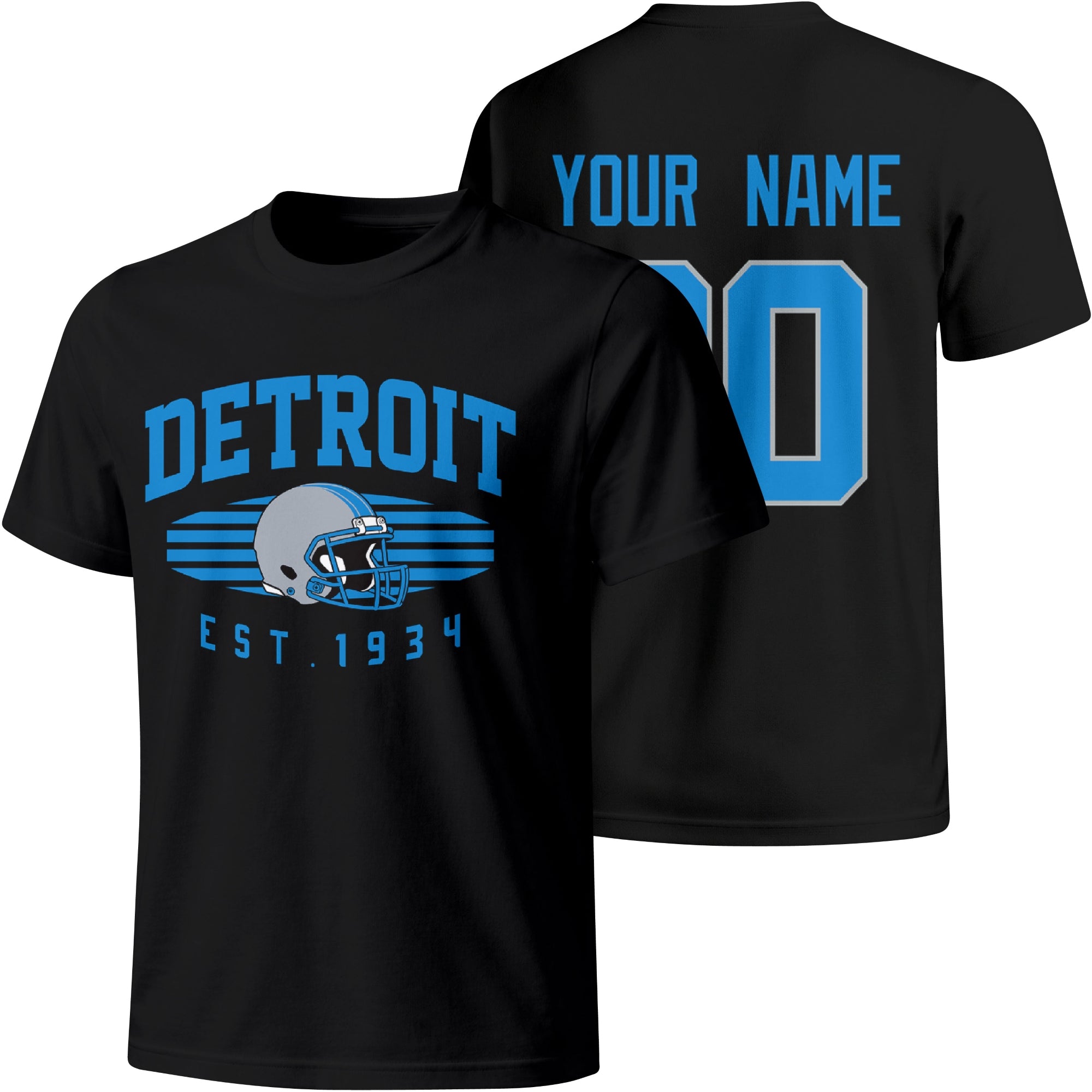 Detroit personalized football T shirt in Black showing front city design and back custom name and number