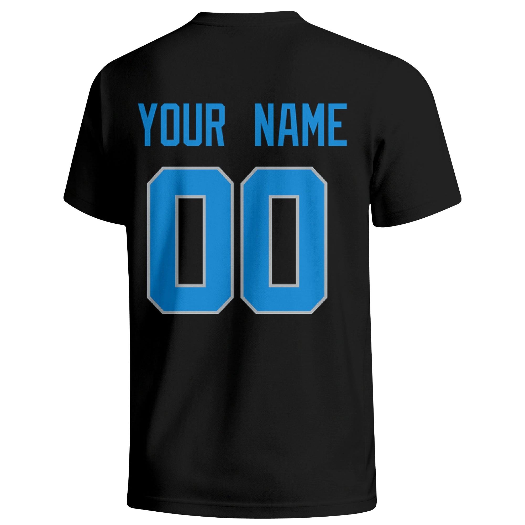 Detroit personalized football T shirt in Black showing the back custom name and number