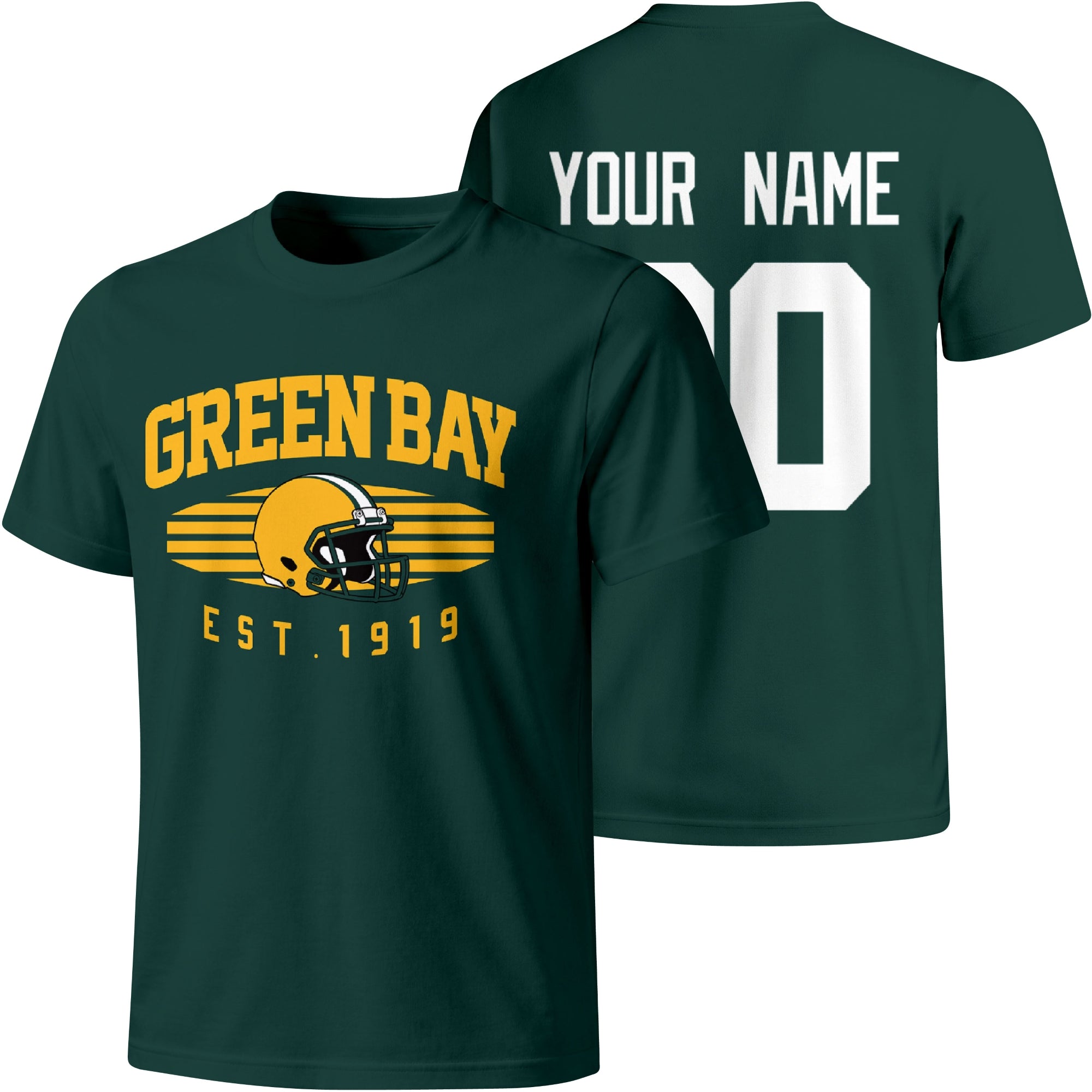 Green Bay personalized football T shirt in Green showing front city design and back custom name and number