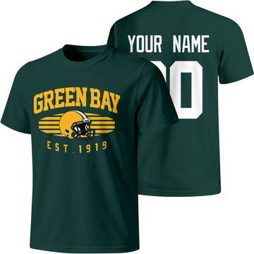 Green Bay personalized football T shirt in Green showing front city design and back custom name and number
