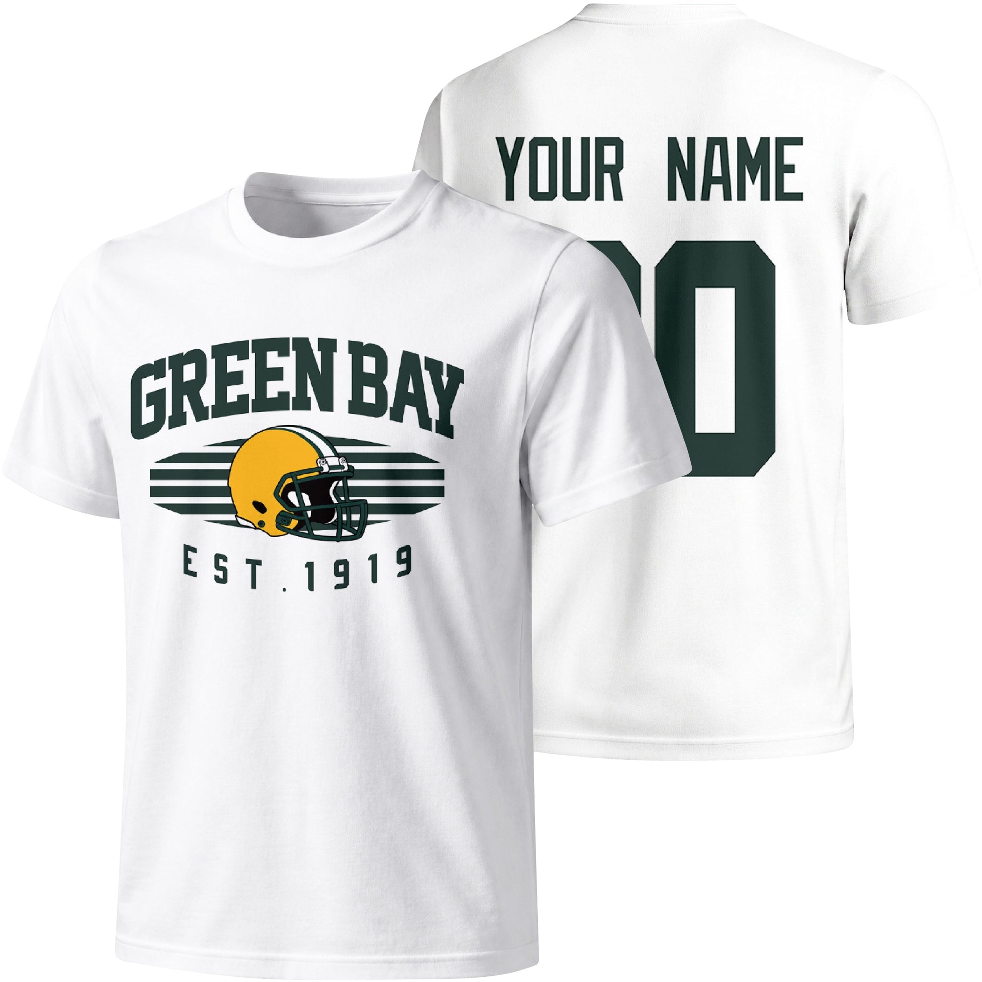 Green Bay personalized football T shirt in White showing front city design and back custom name and number