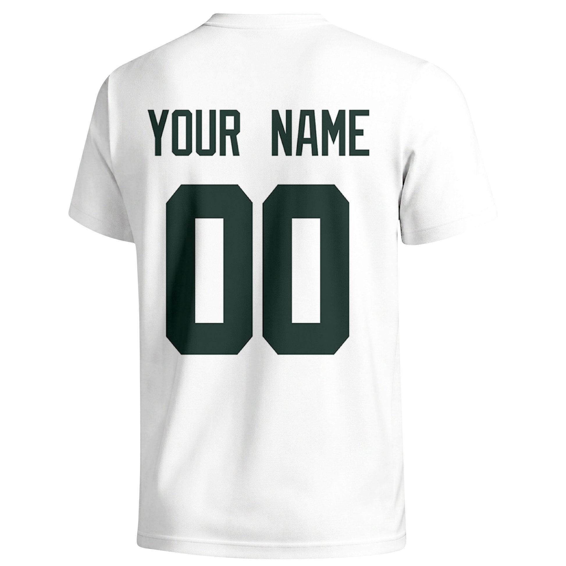 Green Bay personalized football T shirt in White showing the back custom name and number