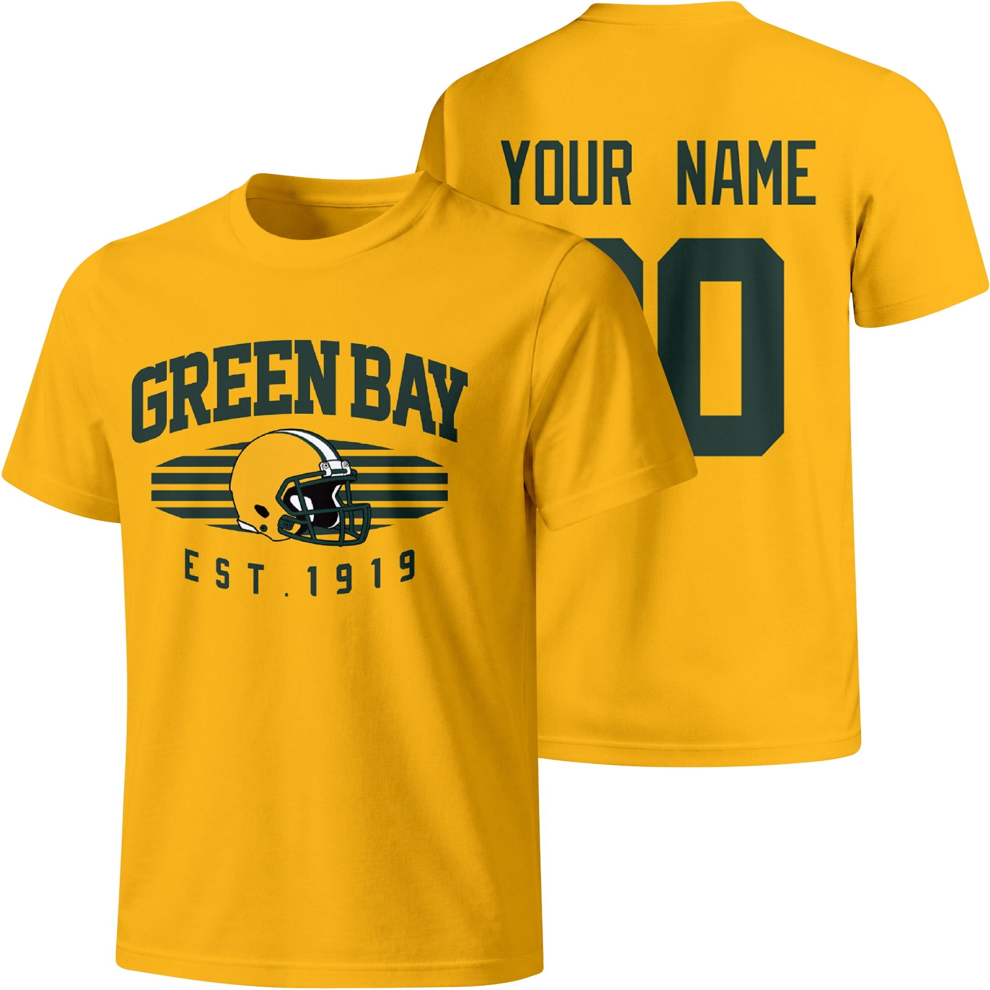 Green Bay personalized football T shirt in Gold showing front city design and back custom name and number