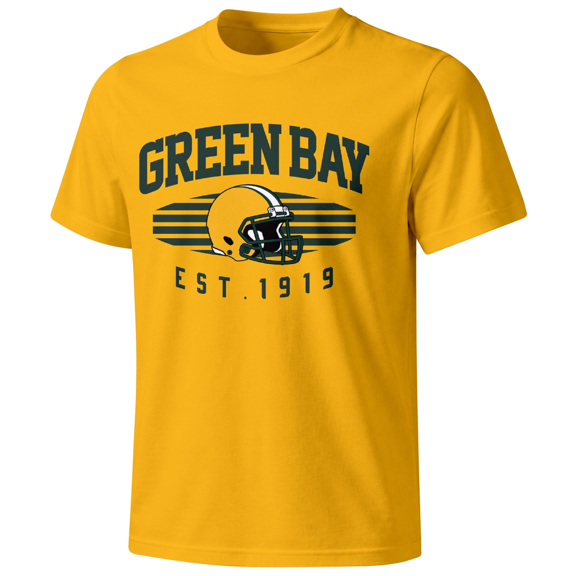 Green Bay football T shirt in Gold showing the front city and football design