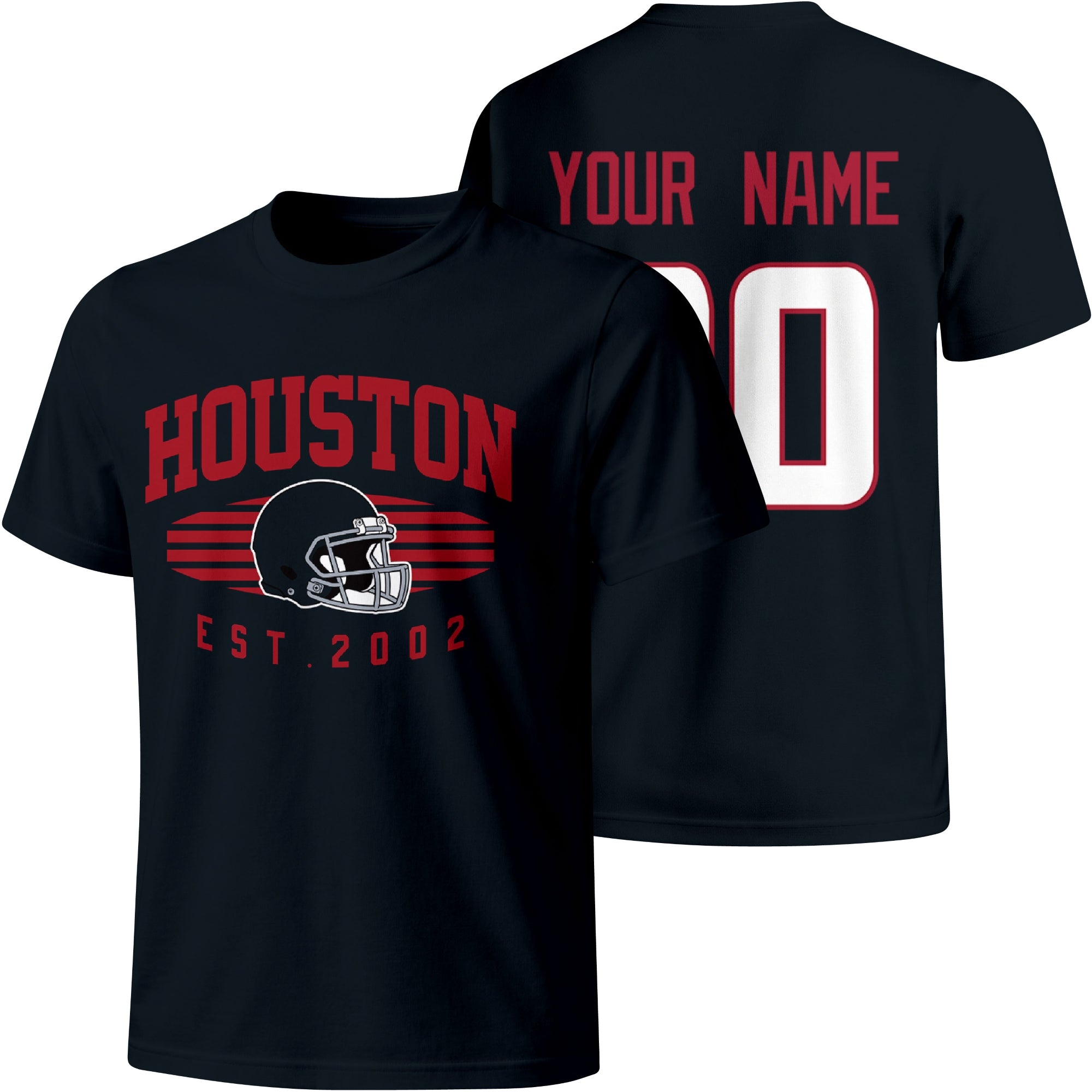 Houston personalized football T shirt in Navy showing front city design and back custom name and number