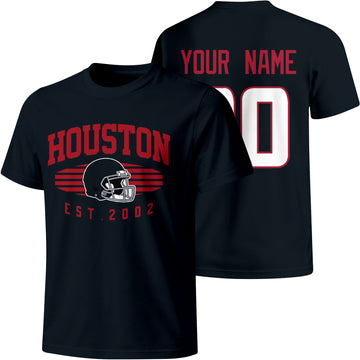 Houston personalized football T shirt in Navy showing front city design and back custom name and number