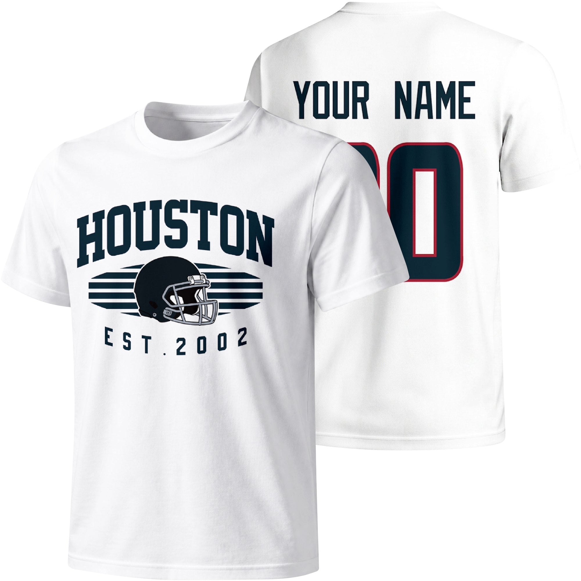 Houston personalized football T shirt in White showing front city design and back custom name and number