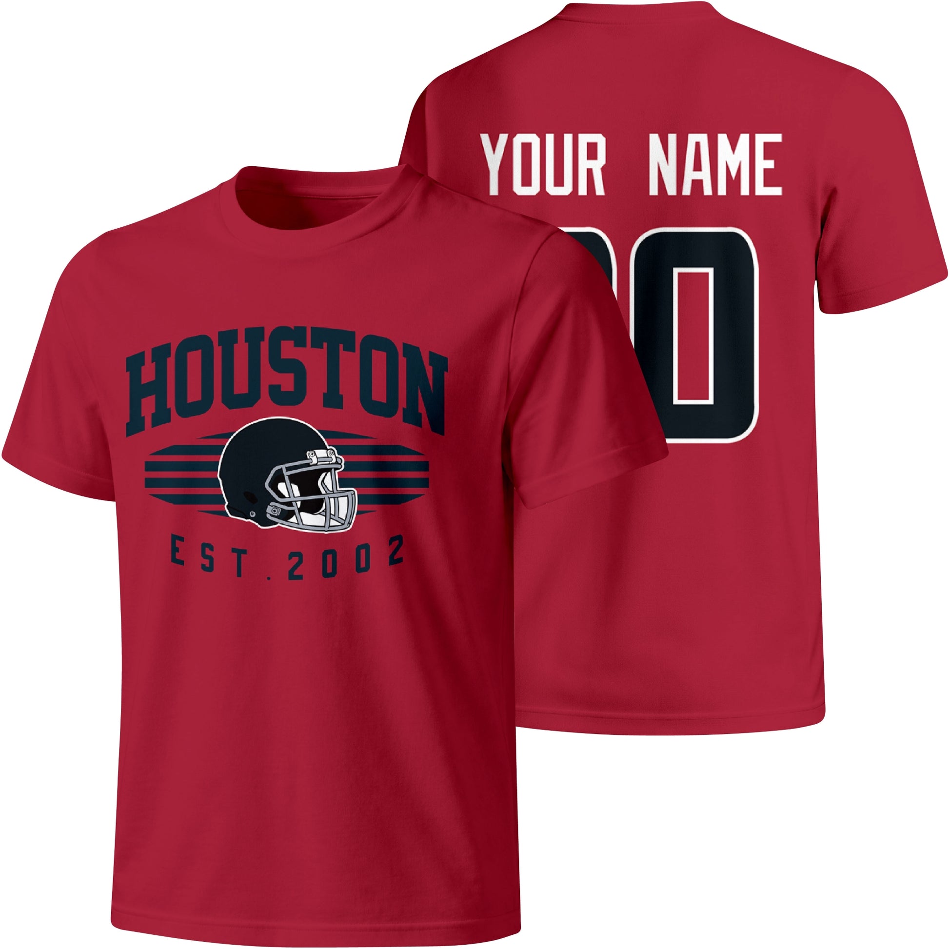 Houston personalized football T shirt in Red showing front city design and back custom name and number