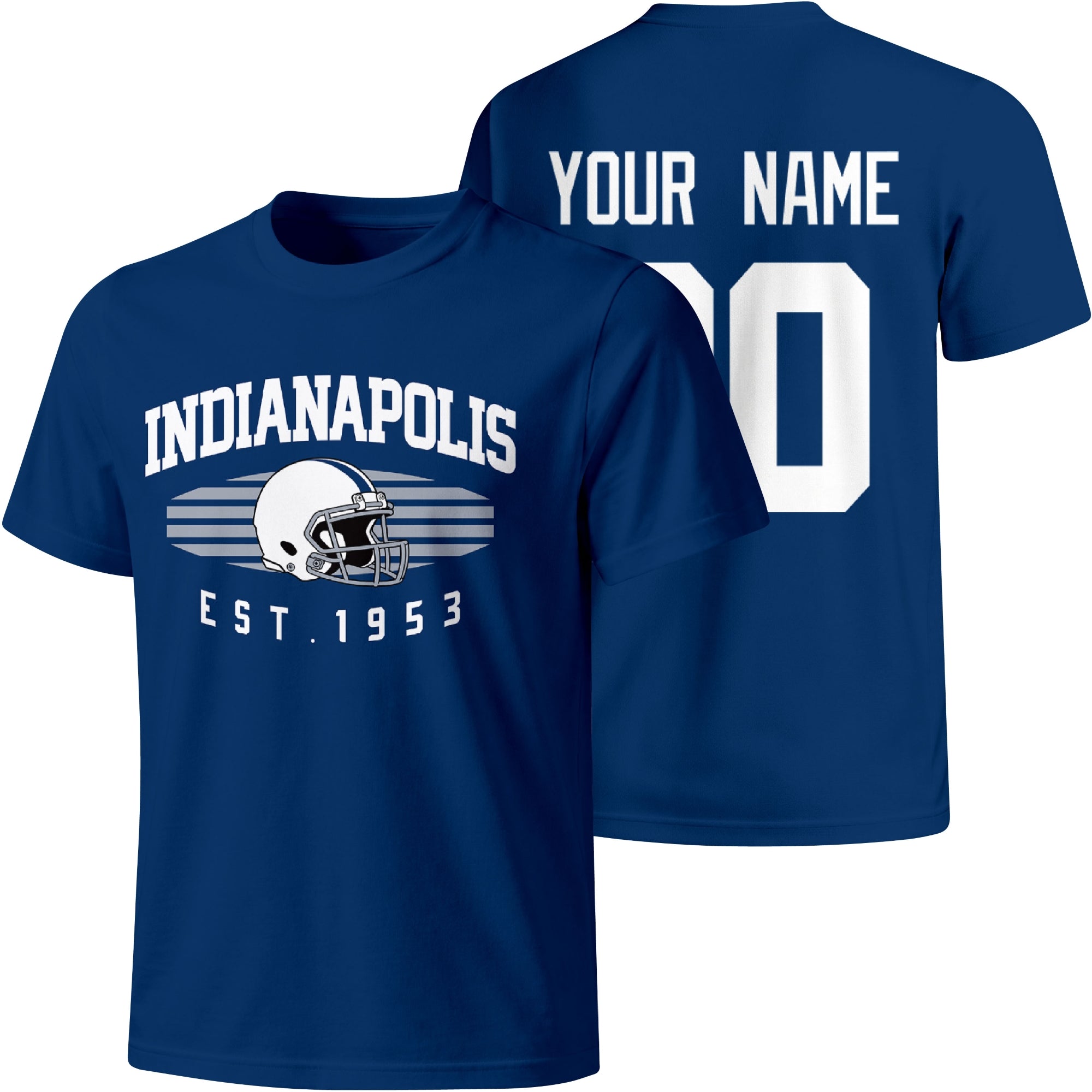 Indianapolis personalized football T shirt in Royal showing front city design and back custom name and number